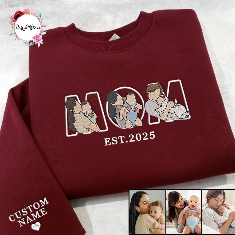Embroidered Mama Sweatshirt with Photo, Custom Embroidered Mama and Kids Portrait, Embroidery Shirt For Mom Mama Mommy, Mother's Day Gift
