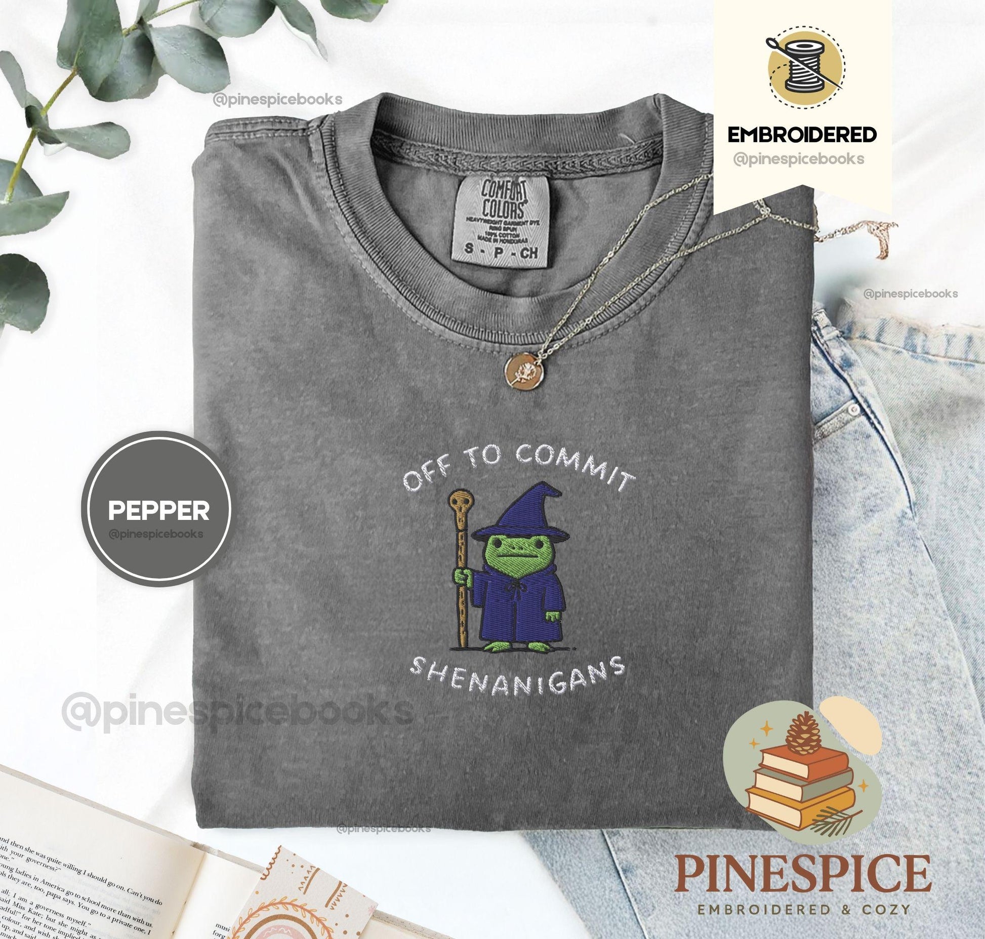 Off to Commit Shenanigans Wizard Frog Funny DnD Tee, Embroidered Comfort Colors 1717, Ren Faire Fantasy Gift