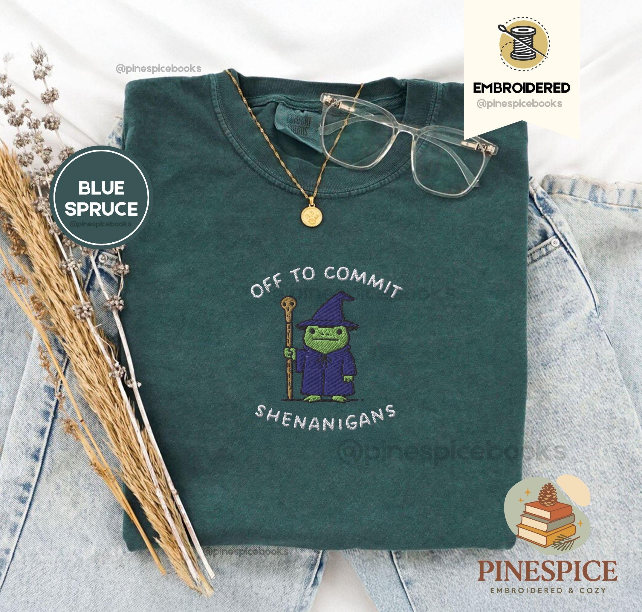 Off to Commit Shenanigans Wizard Frog Funny DnD Tee, Embroidered Comfort Colors 1717, Ren Faire Fantasy Gift