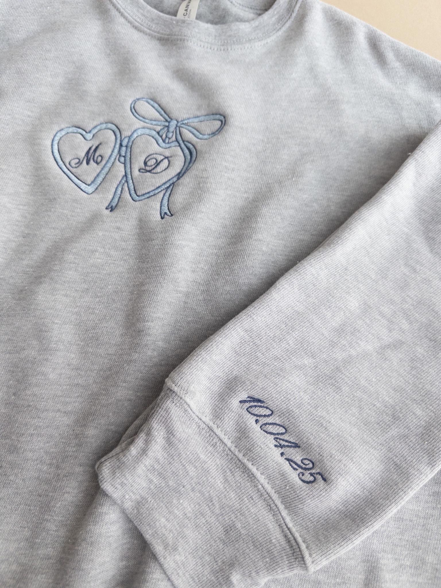 Custom Embroidered Initial Sweatshirt with Date on Sleeve, Custom Anniversary Gift for Her, Bridal Shower Gift, Personalized Engagement Gift