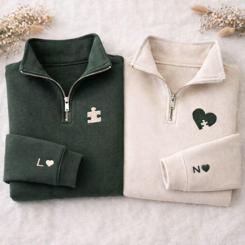 Custom Embroidered Heart Puzzle Piece Sweatshirt, Initial Sleeve, Couple Gift