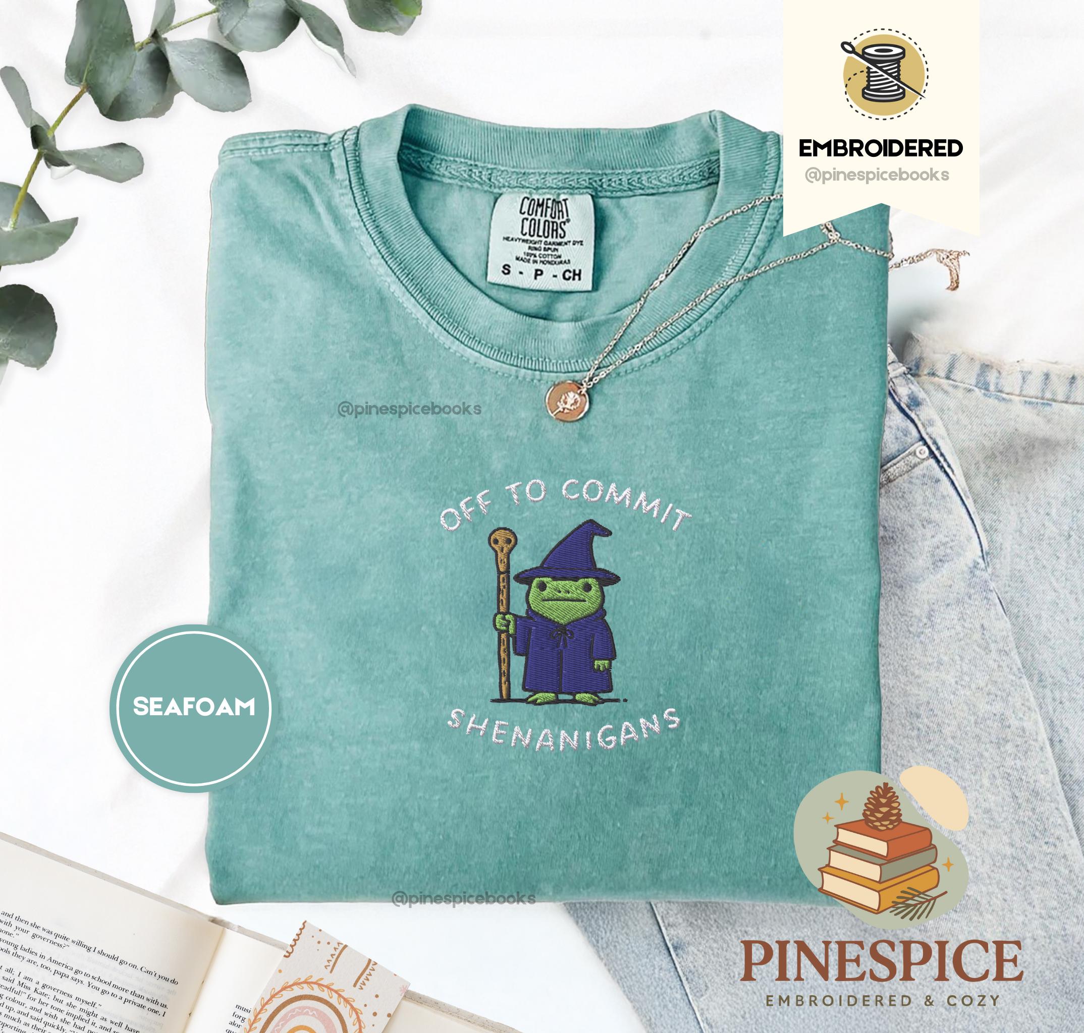 Off to Commit Shenanigans Wizard Frog Funny DnD Tee, Embroidered Comfort Colors 1717, Ren Faire Fantasy Gift