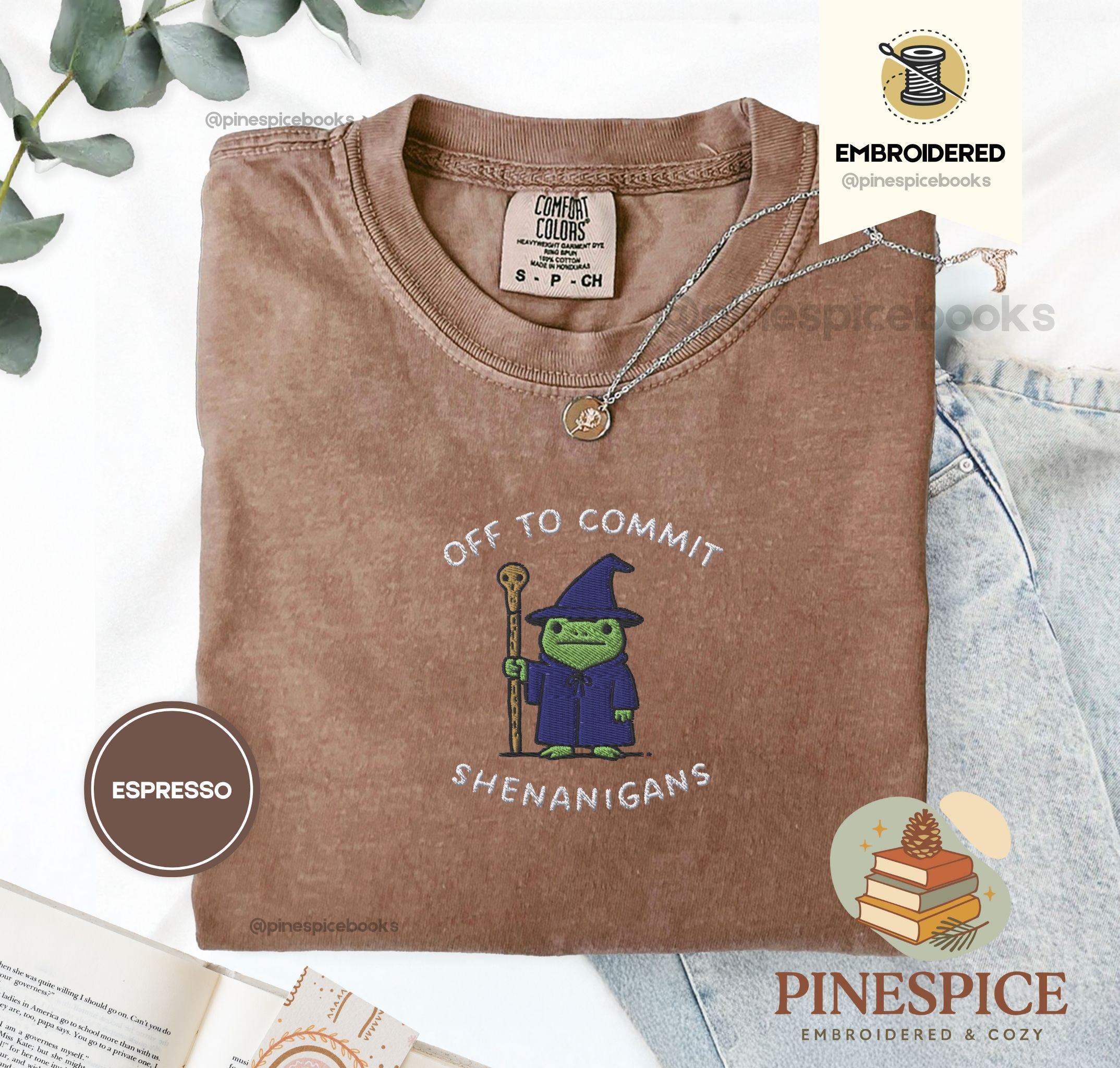 Off to Commit Shenanigans Wizard Frog Funny DnD Tee, Embroidered Comfort Colors 1717, Ren Faire Fantasy Gift
