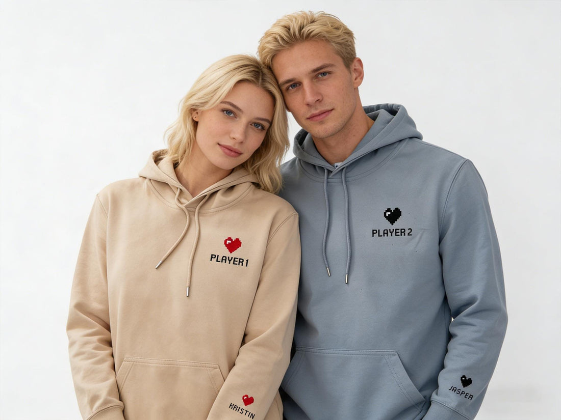 Custom Embroidered Hoodie, Pixel Heart Couples Hoodie, Valentines Day Gift, Bestie Gifts, Anniversary Gift for Him/ Her