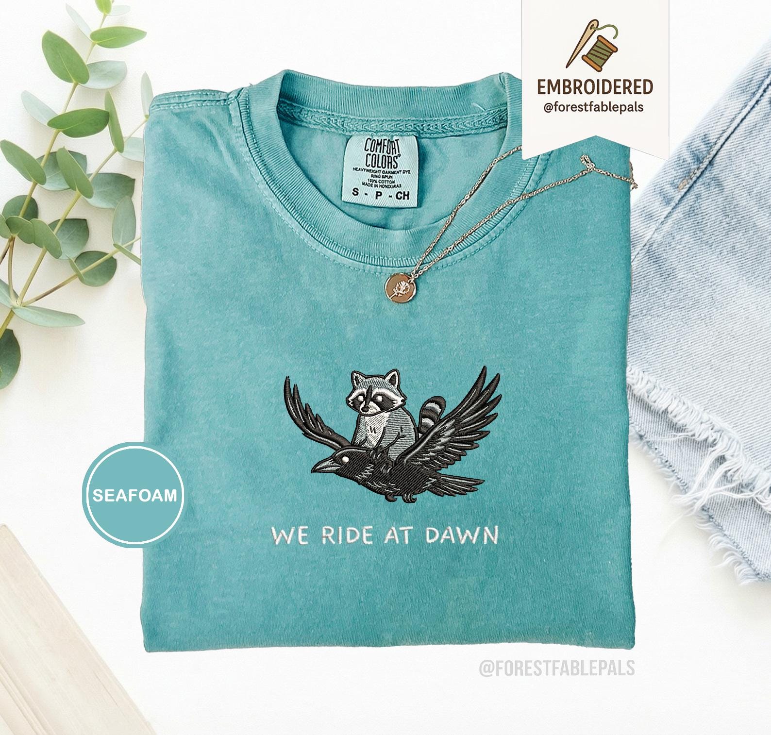 We Ride at Dawn T-Shirt, Funny Raccoon and Crow Raven Tee, Embroidered Comfort Colors 1717, Chaotic Animal Shirt, Whimsical Gamer Gift