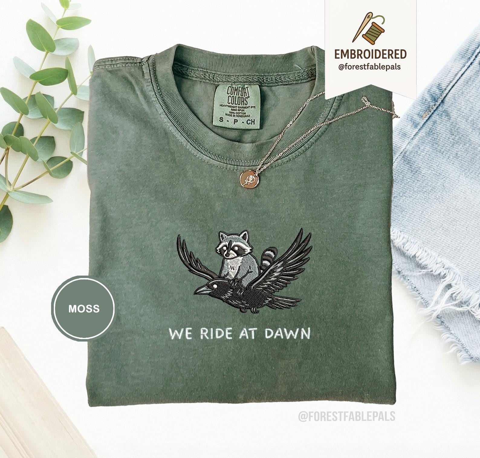 We Ride at Dawn T-Shirt, Funny Raccoon and Crow Raven Tee, Embroidered Comfort Colors 1717, Chaotic Animal Shirt, Whimsical Gamer Gift