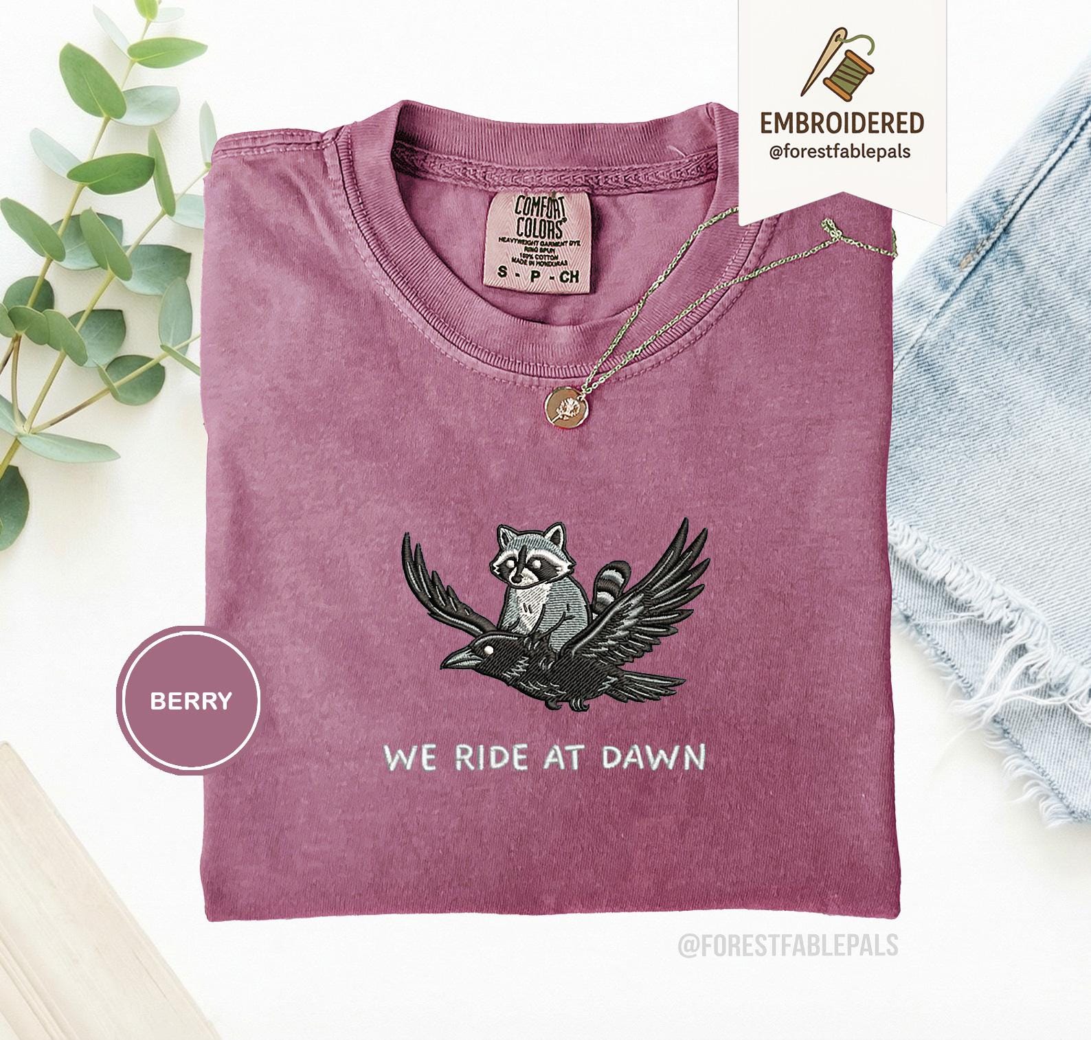 We Ride at Dawn T-Shirt, Funny Raccoon and Crow Raven Tee, Embroidered Comfort Colors 1717, Chaotic Animal Shirt, Whimsical Gamer Gift