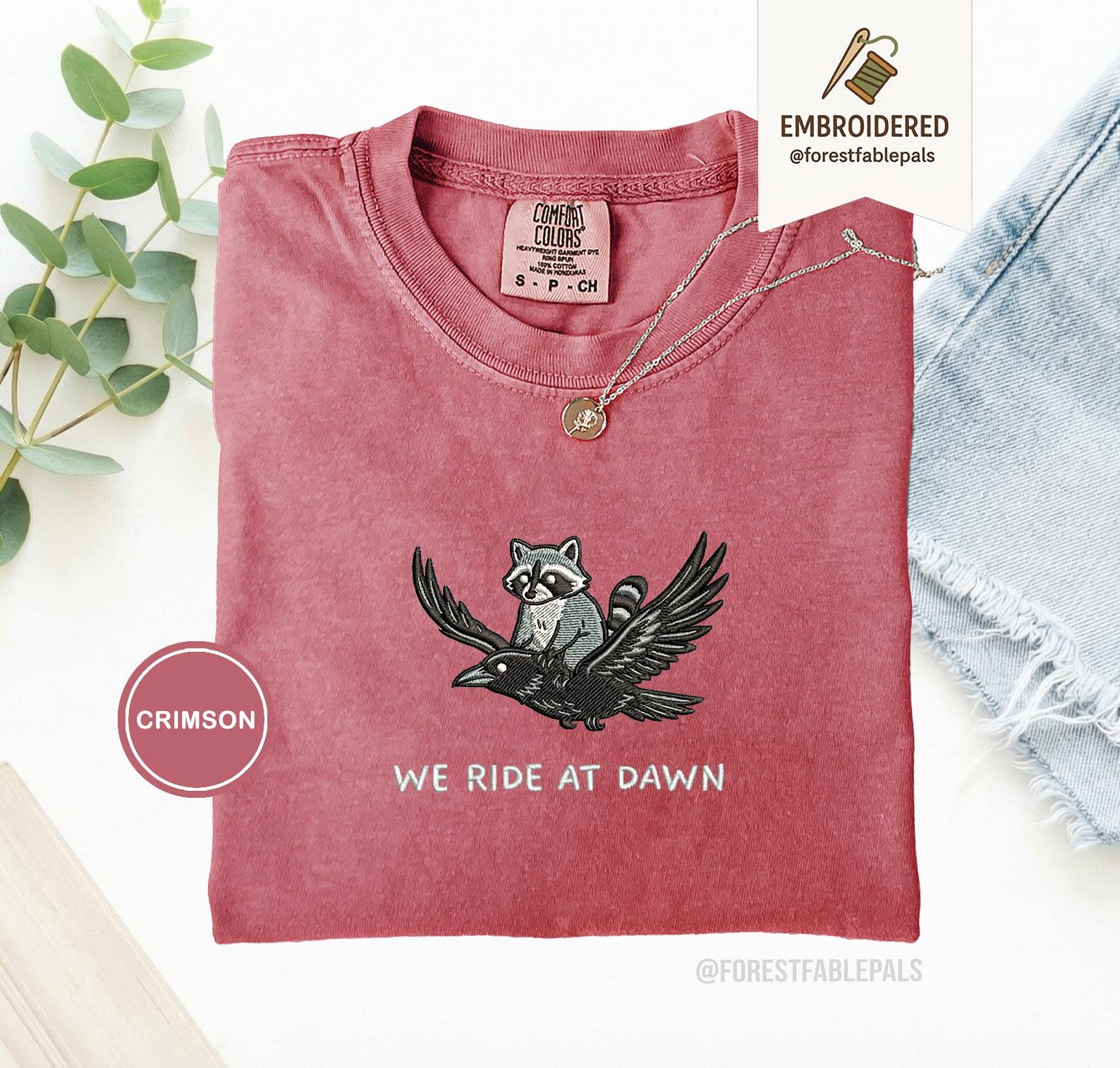 We Ride at Dawn T-Shirt, Funny Raccoon and Crow Raven Tee, Embroidered Comfort Colors 1717, Chaotic Animal Shirt, Whimsical Gamer Gift
