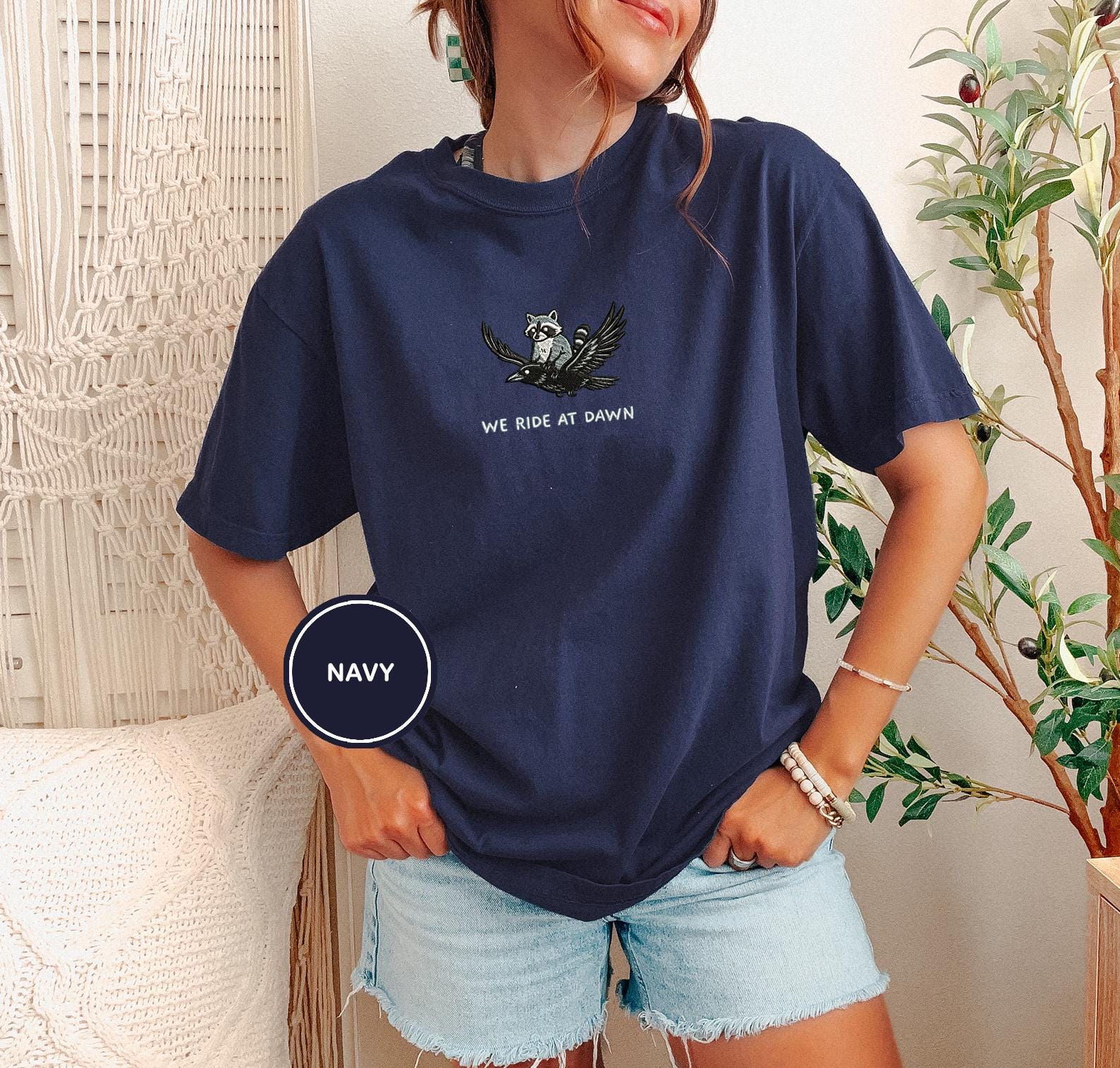We Ride at Dawn T-Shirt, Funny Raccoon and Crow Raven Tee, Embroidered Comfort Colors 1717, Chaotic Animal Shirt, Whimsical Gamer Gift