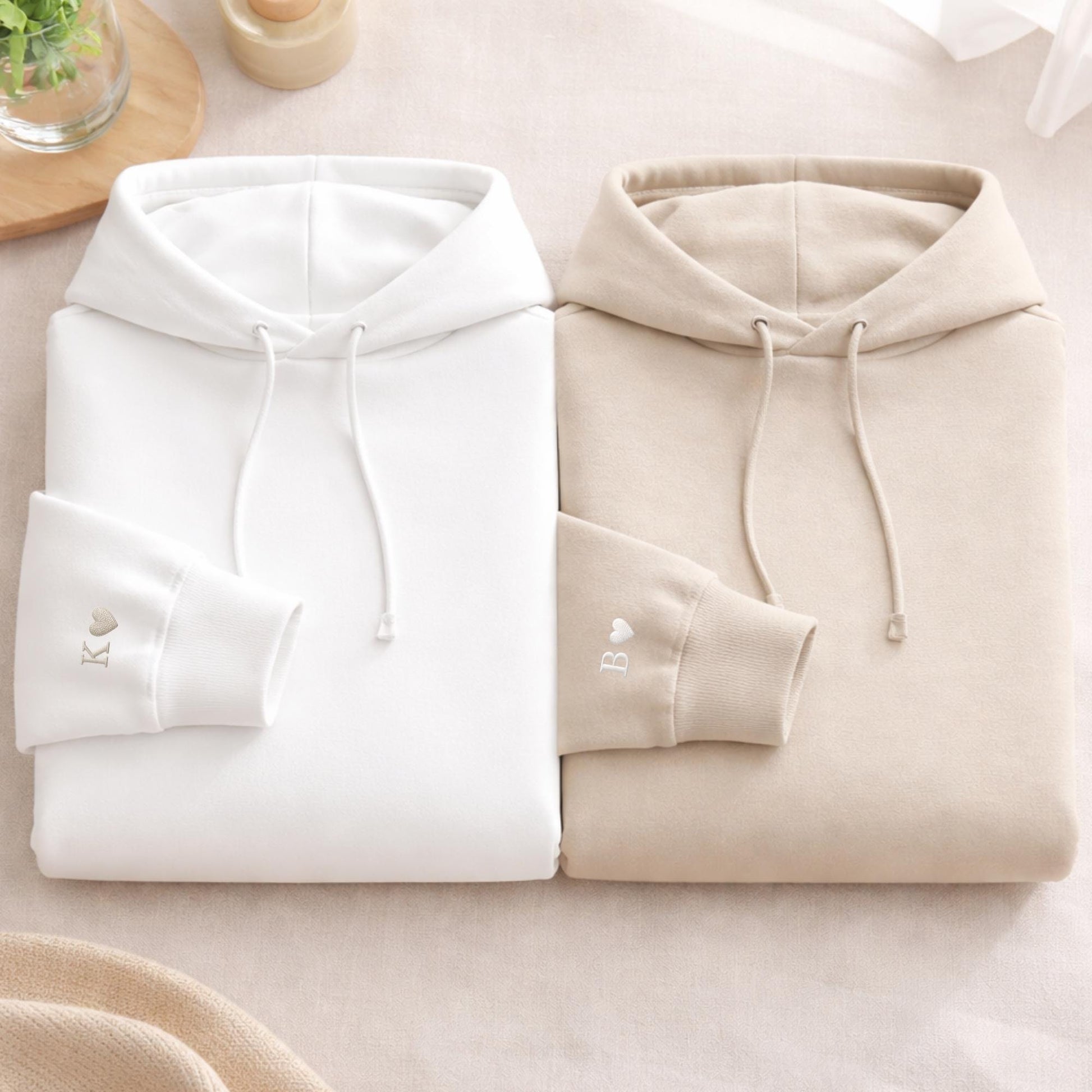 Custom Embroidery Initial Heart sleeve Hoodie, Personalized Valentines Sweatshirt, Embroidered Couples Outfit