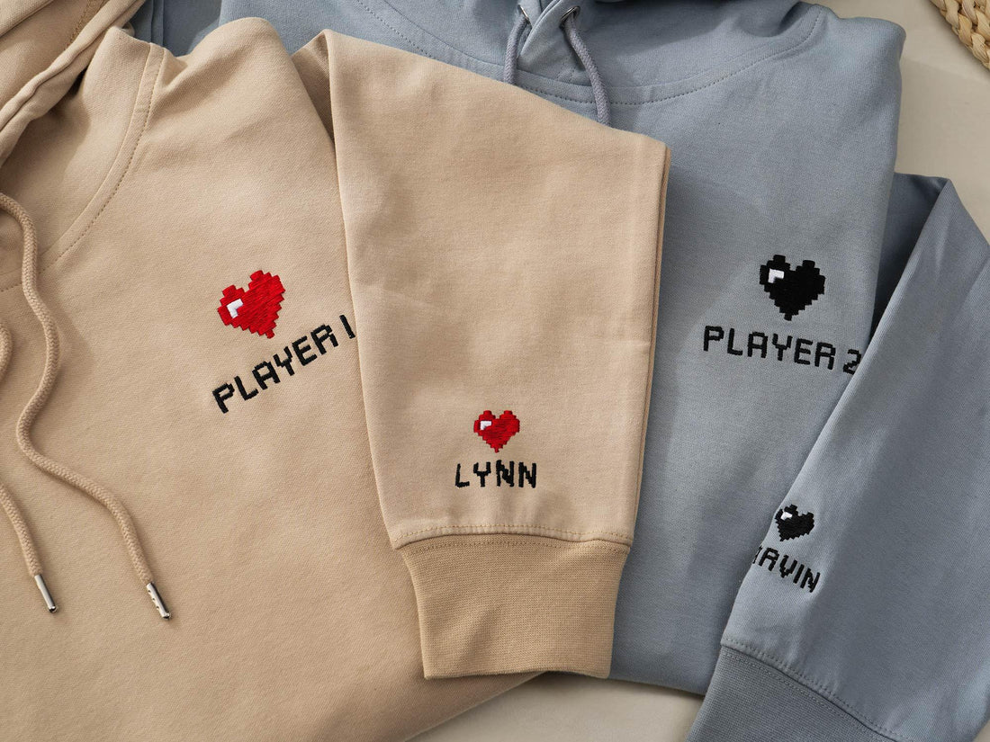 Custom Embroidered Hoodie, Pixel Heart Couples Hoodie, Valentines Day Gift, Bestie Gifts, Anniversary Gift for Him/ Her
