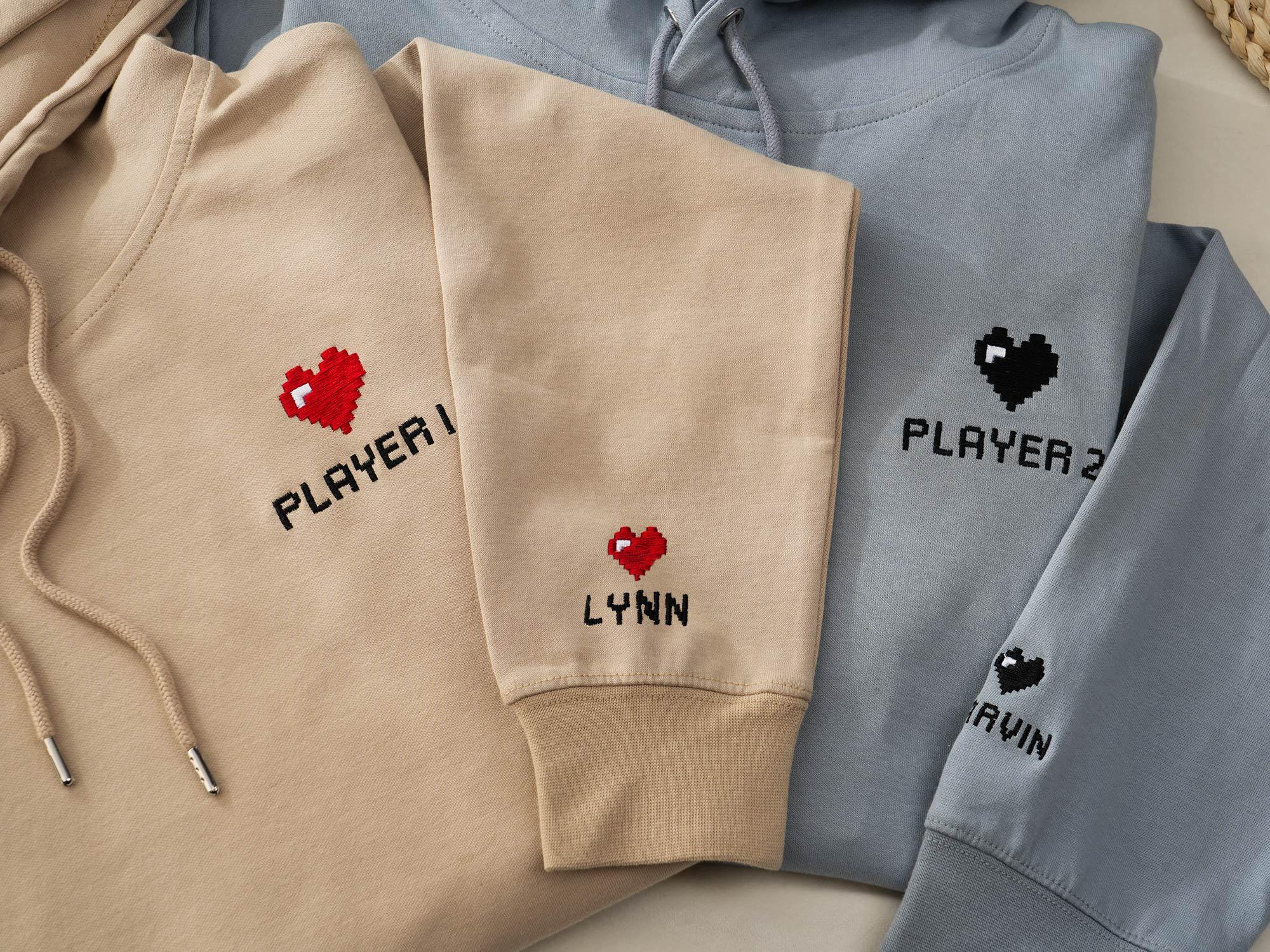 Custom Embroidered Hoodie, Pixel Heart Couples Hoodie, Valentines Day Gift, Bestie Gifts, Anniversary Gift for Him/ Her