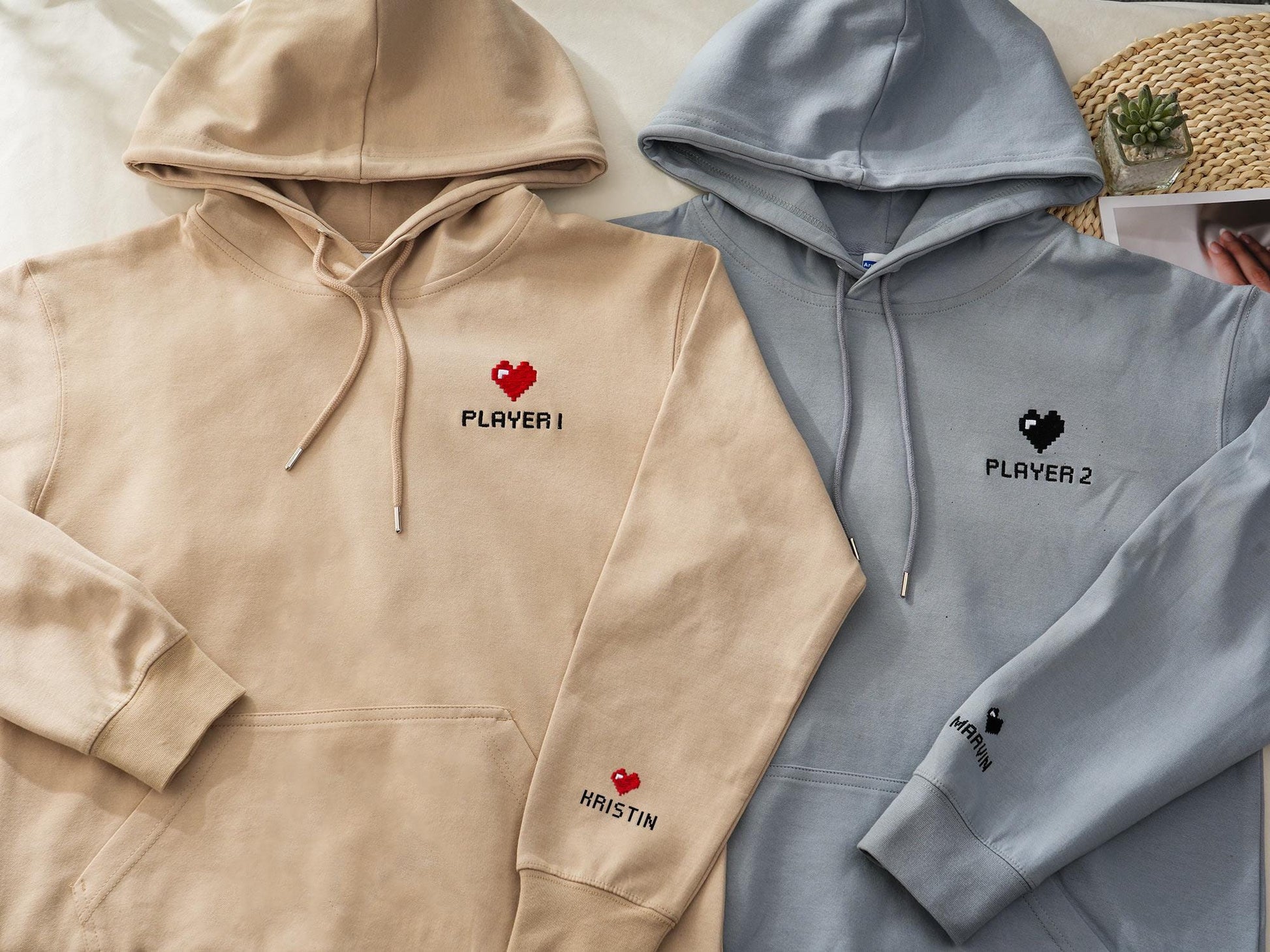 Custom Embroidered Hoodie, Pixel Heart Couples Hoodie, Valentines Day Gift, Bestie Gifts, Anniversary Gift for Him/ Her