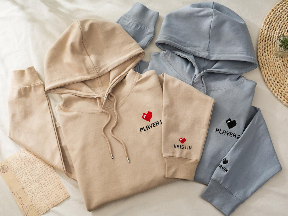 Custom Embroidered Hoodie, Pixel Heart Couples Hoodie, Valentines Day Gift, Bestie Gifts, Anniversary Gift for Him/ Her