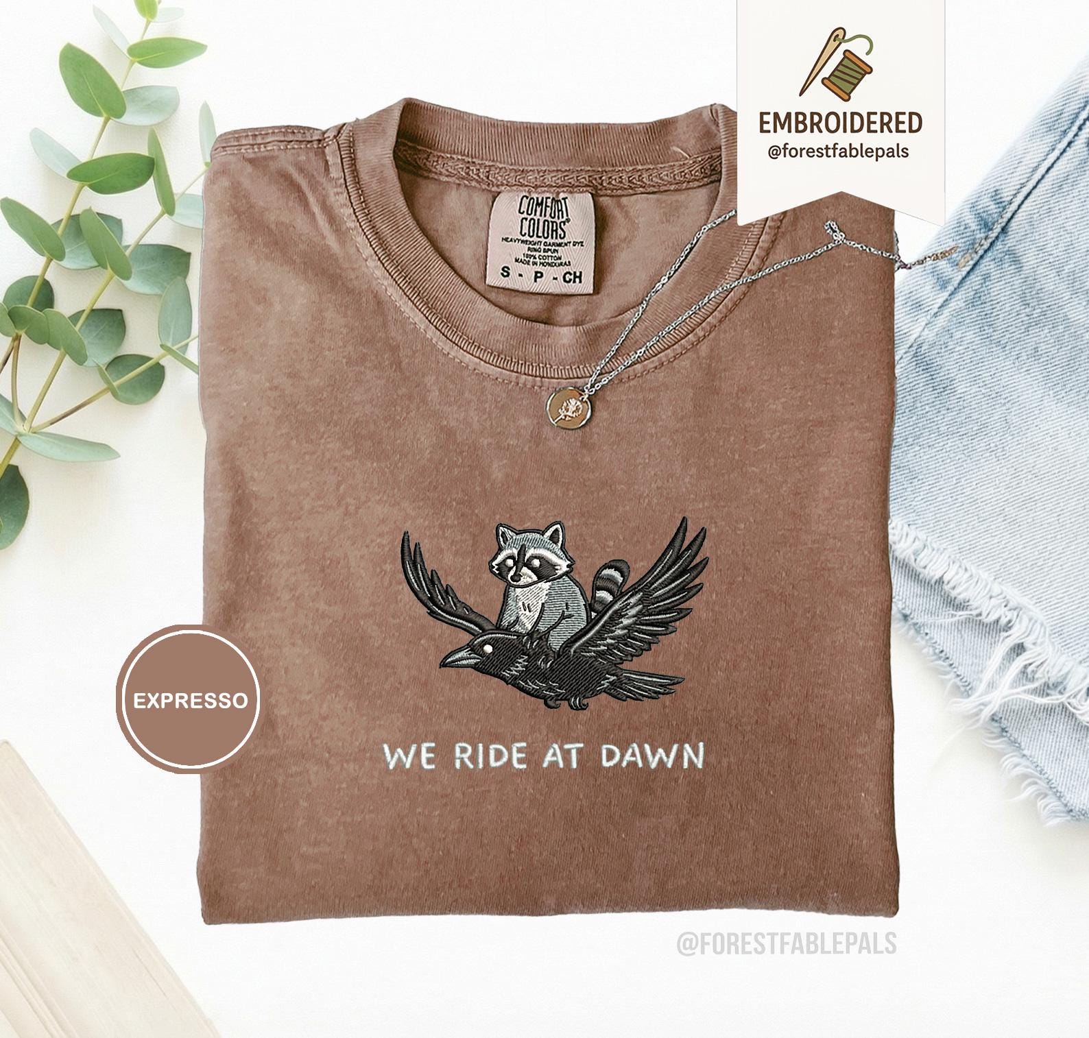 We Ride at Dawn T-Shirt, Funny Raccoon and Crow Raven Tee, Embroidered Comfort Colors 1717, Chaotic Animal Shirt, Whimsical Gamer Gift
