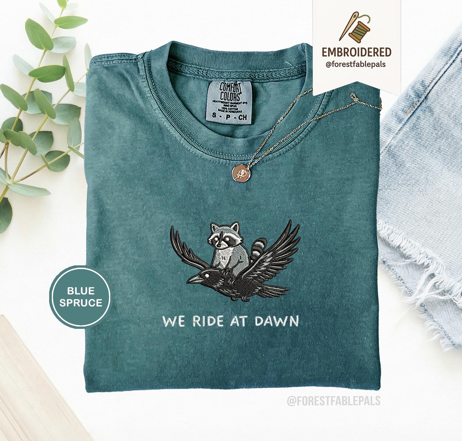 We Ride at Dawn T-Shirt, Funny Raccoon and Crow Raven Tee, Embroidered Comfort Colors 1717, Chaotic Animal Shirt, Whimsical Gamer Gift