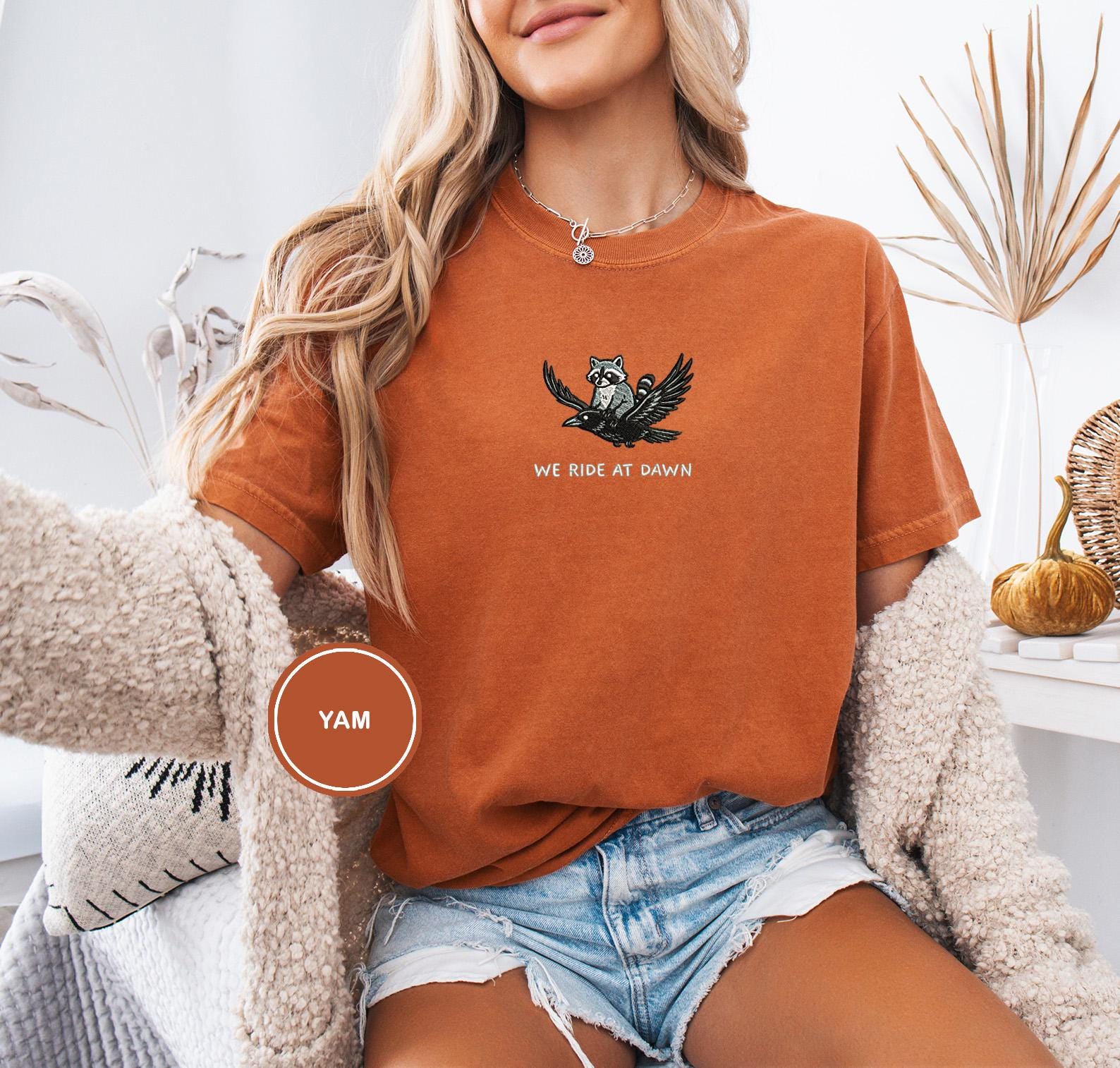 We Ride at Dawn T-Shirt, Funny Raccoon and Crow Raven Tee, Embroidered Comfort Colors 1717, Chaotic Animal Shirt, Whimsical Gamer Gift