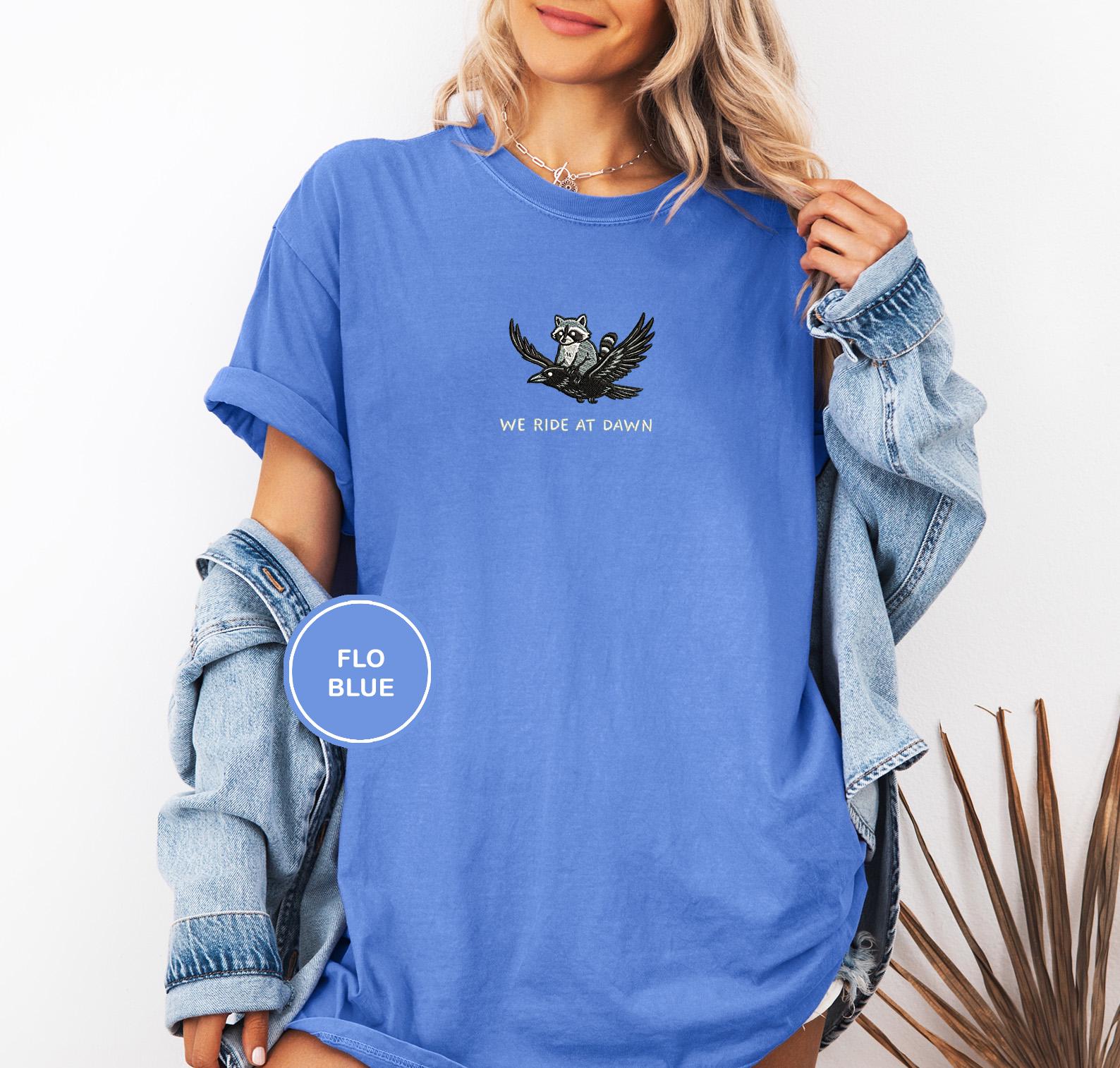 We Ride at Dawn T-Shirt, Funny Raccoon and Crow Raven Tee, Embroidered Comfort Colors 1717, Chaotic Animal Shirt, Whimsical Gamer Gift