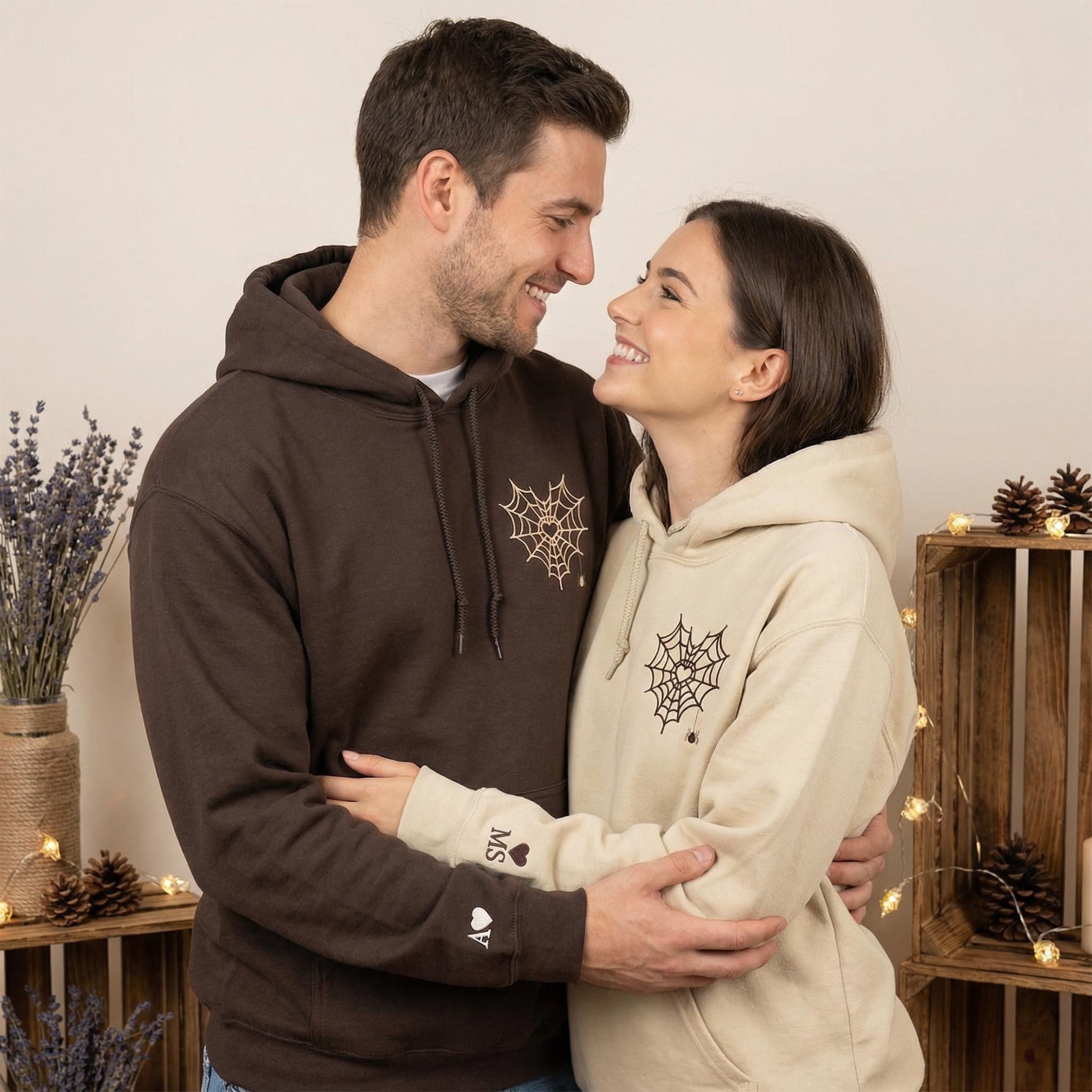 Embroidered Spider Web Heart Couple Hoodie - Halloween Valentine's Day Matching Sweatshirts