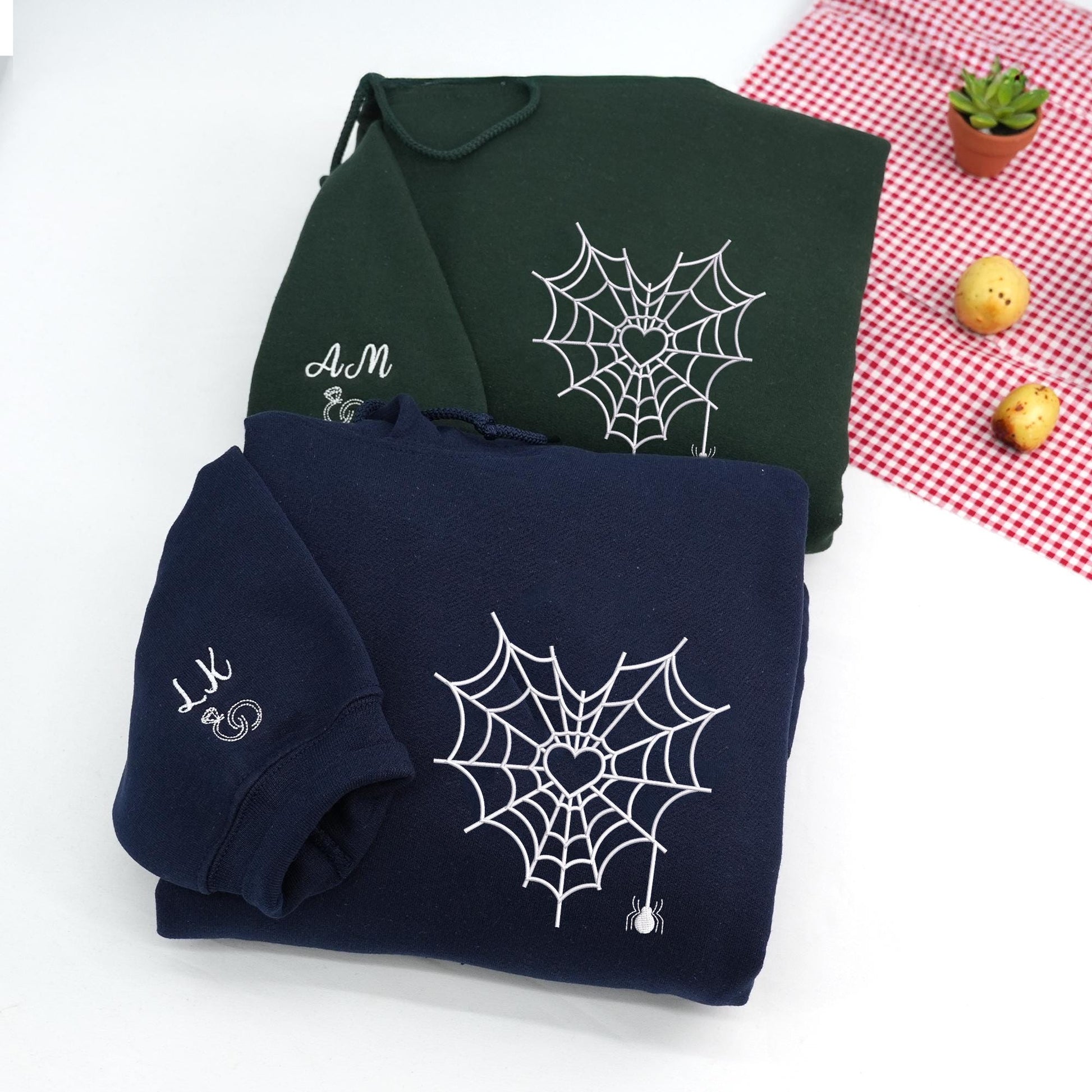 Embroidered Spider Web Heart Couple Hoodie - Halloween Valentine's Day Matching Sweatshirts