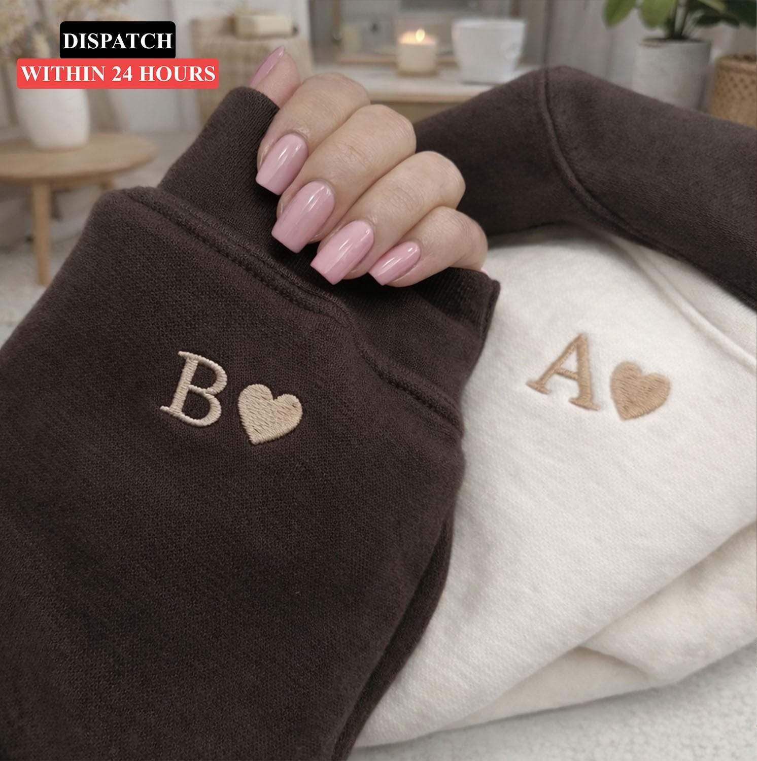 Roman Numeral Embroidered Matching Hoodie, Personalised Couple Anniversary Date Hoodie, Custom Initials With Heart on Sleeve, Boyfriend Gift