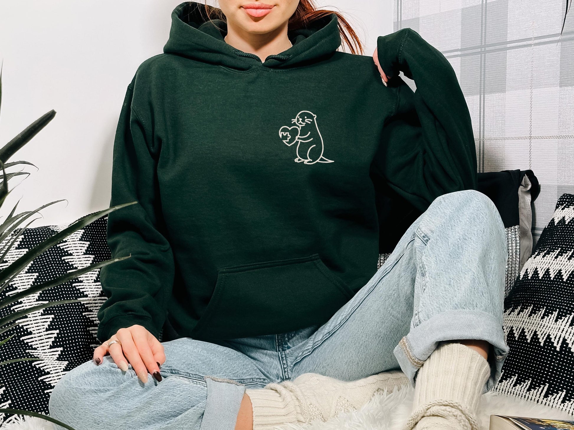 Embroidered Matching Otter Valentines Sweatshirt, Custom Initial Sleeve, Cute Couples Gift, Hoodie for Valentine's Day Celebration,