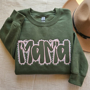 Personalized Mama Faux Lace Bow Embroidered Sweatshirt, Custom Mama Name Crewneck, Cute Bow Letter Embroidery, Motherhood Gift for Mom