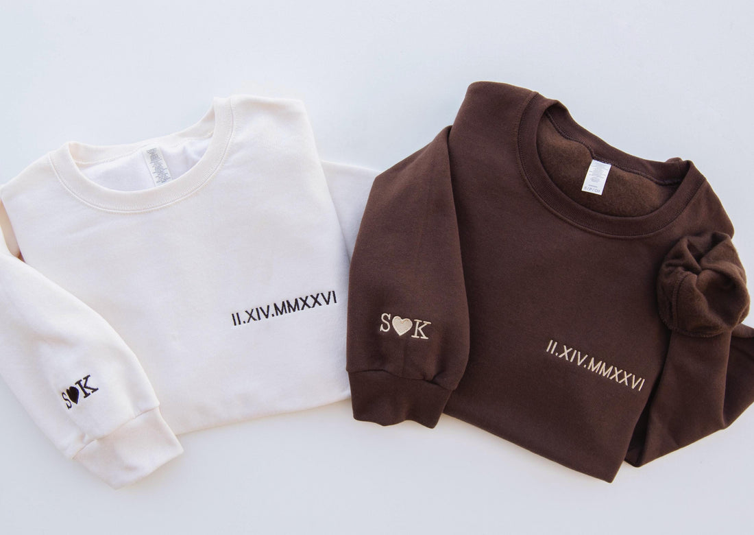 Custom Embroidered Roman Numeral Sweatshirt, Personalized Wedding Gift, Couple initial on sleeve, Anniversary Gift, Custom Wedding Date