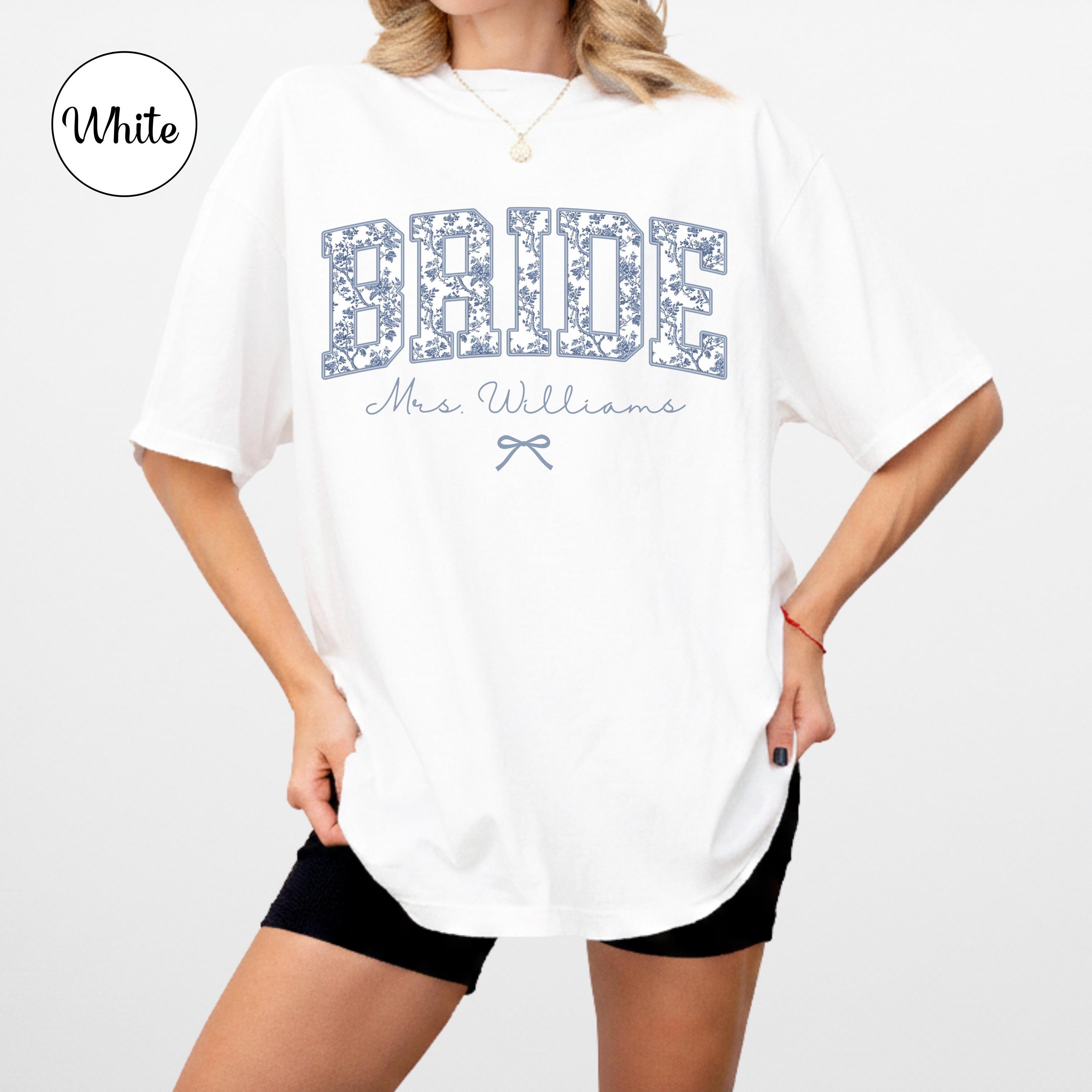 Custom Bride Shirt Blue Toile, Personalized Mrs Name Bridal Shower Gift, Chinoiserie Bride Tee, Engagement Day Getting Ready, Bachelorette