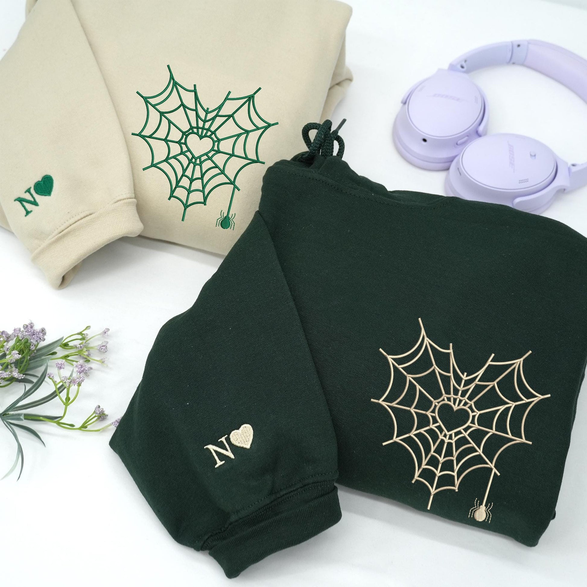 Embroidered Spider Web Heart Couple Hoodie - Halloween Valentine's Day Matching Sweatshirts