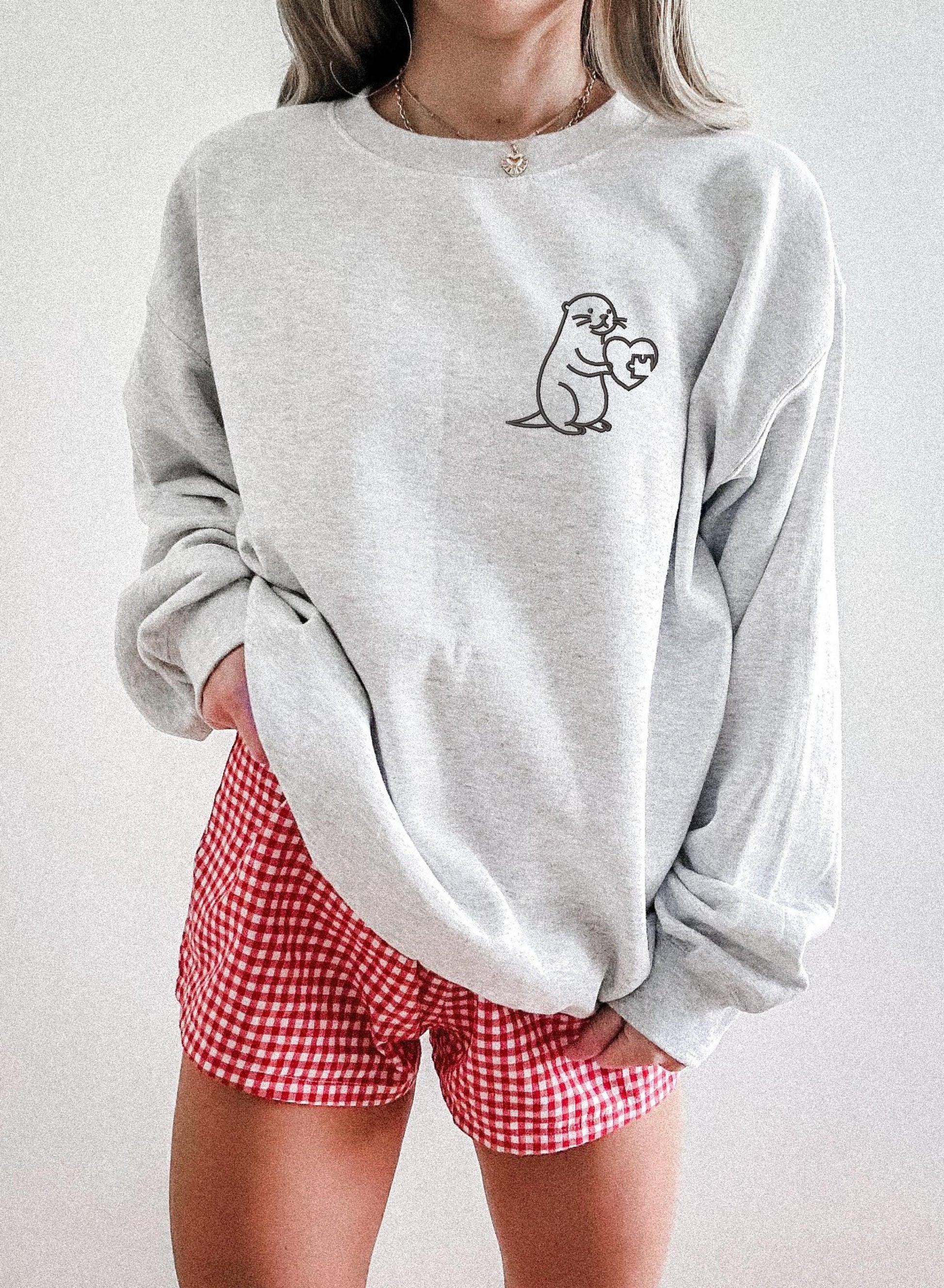 Embroidered Matching Otter Valentines Sweatshirt, Custom Initial Sleeve, Cute Couples Gift, Hoodie for Valentine's Day Celebration,