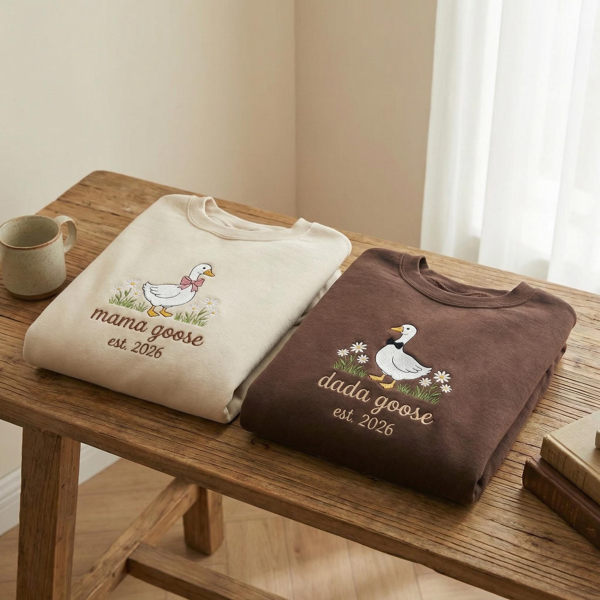 Custom Embroidered Mama & Dada Goose Sweatshirts, Personalized Floral Goose Est 2026, Baby Announcement Pregnancy Reveal Gift