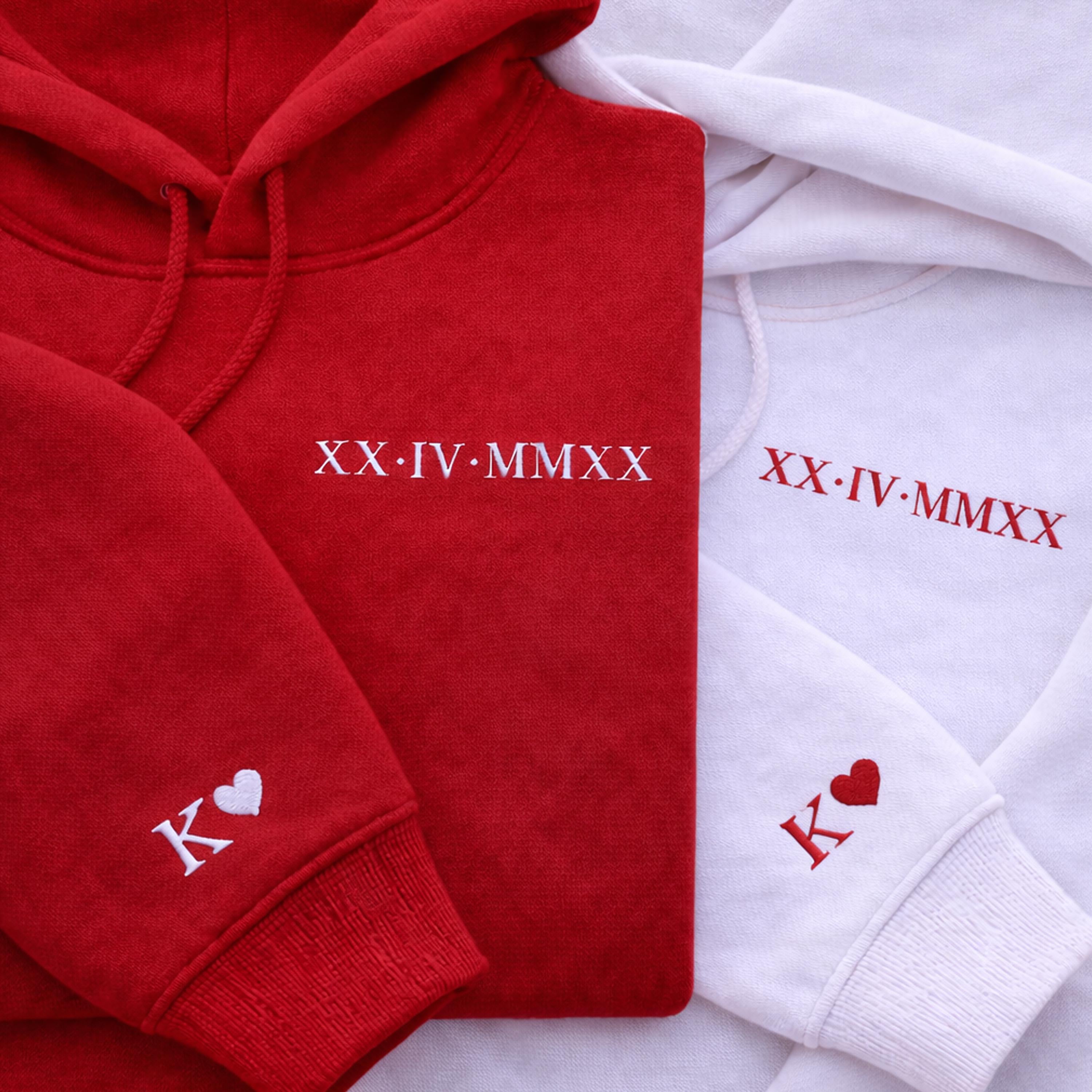 Roman Numeral Embroidered Matching Hoodie, Personalised Couple Anniversary Date Hoodie, Custom Initials With Heart on Sleeve, Boyfriend Gift