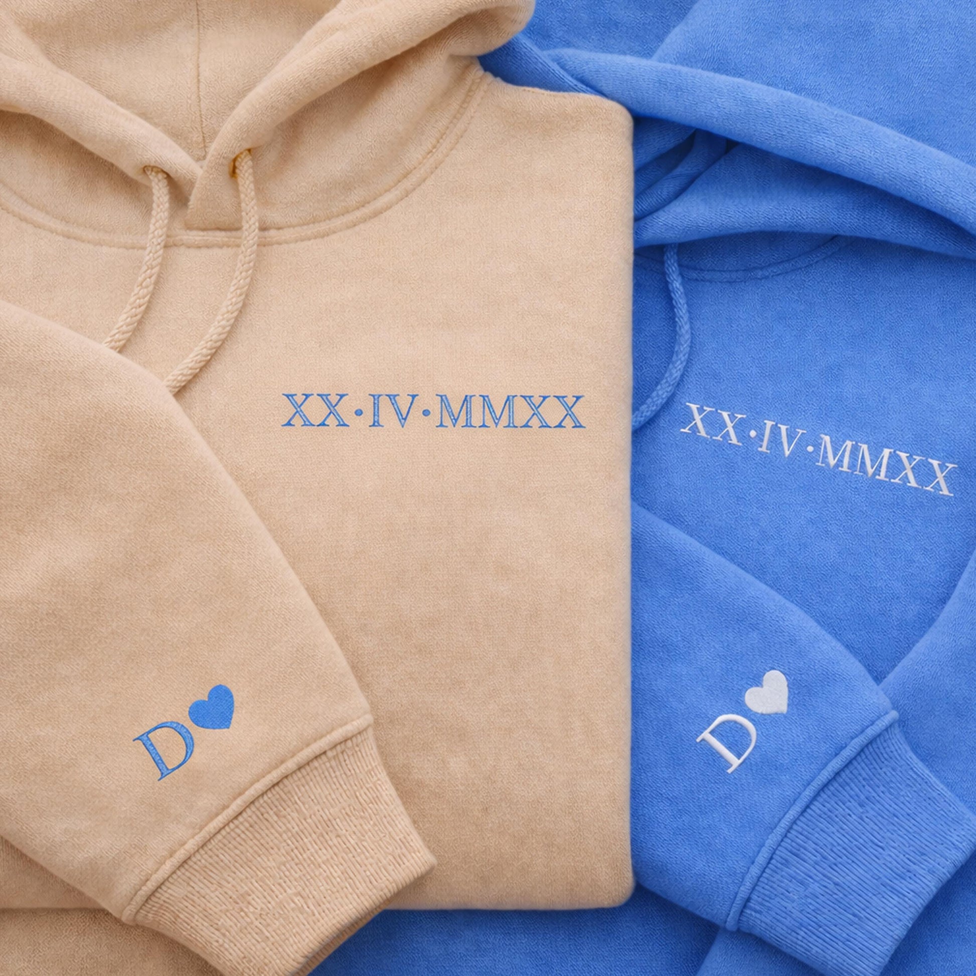 Roman Numeral Embroidered Matching Hoodie, Personalised Couple Anniversary Date Hoodie, Custom Initials With Heart on Sleeve, Boyfriend Gift