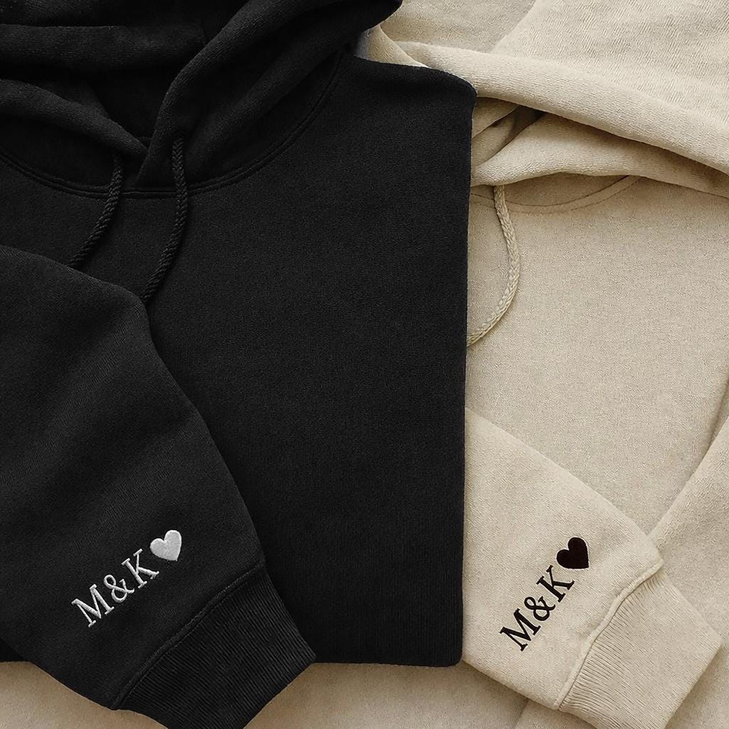 Personalised Initial Heart Sleeve Hoodie, Custom Embroidered Couple Anniversary Shirts, Matching His and Hers Hoodies, Romantic Wedding Gift
