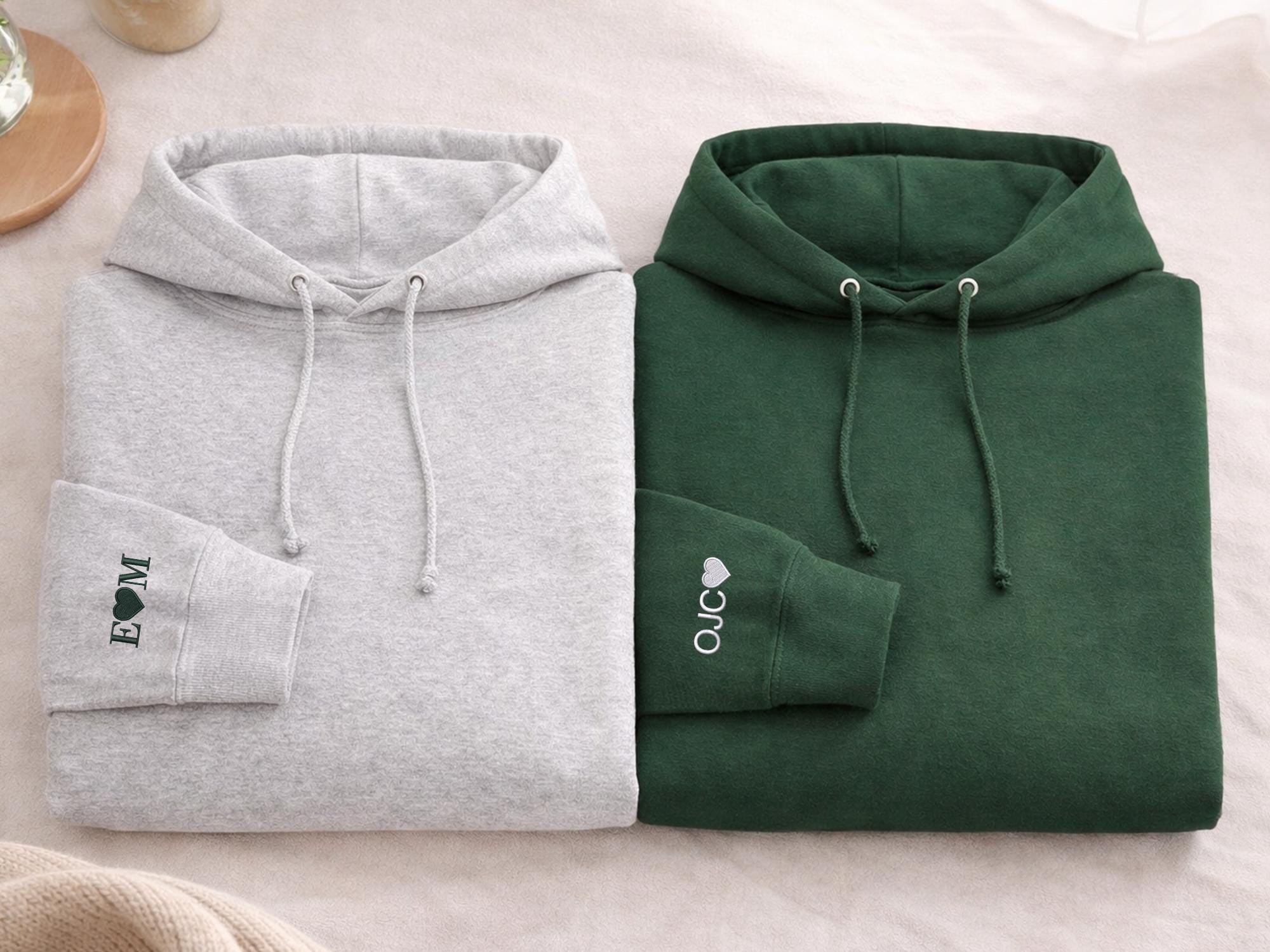 Custom Embroidered Initial with Heart Sleeve Hoodie, Personalised Couple Anniversary Sweatshirt, Matching His and Hers Shirts, Wedding Gifts