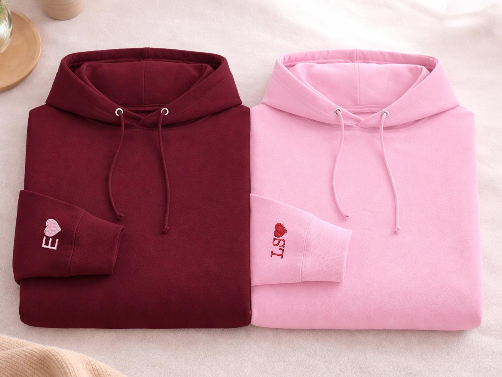 Custom Embroidered Initial with Heart Sleeve Hoodie, Personalised Couple Anniversary Sweatshirt, Matching His and Hers Shirts, Wedding Gifts