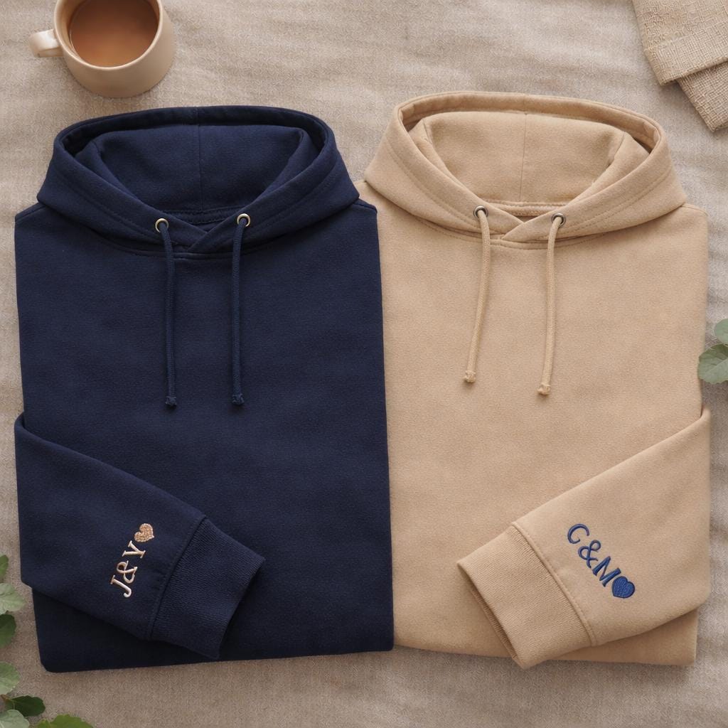 Custom Embroidered Initial with Heart Sleeve Hoodie, Personalised Couple Anniversary Sweatshirt, Matching His and Hers Shirts, Wedding Gifts