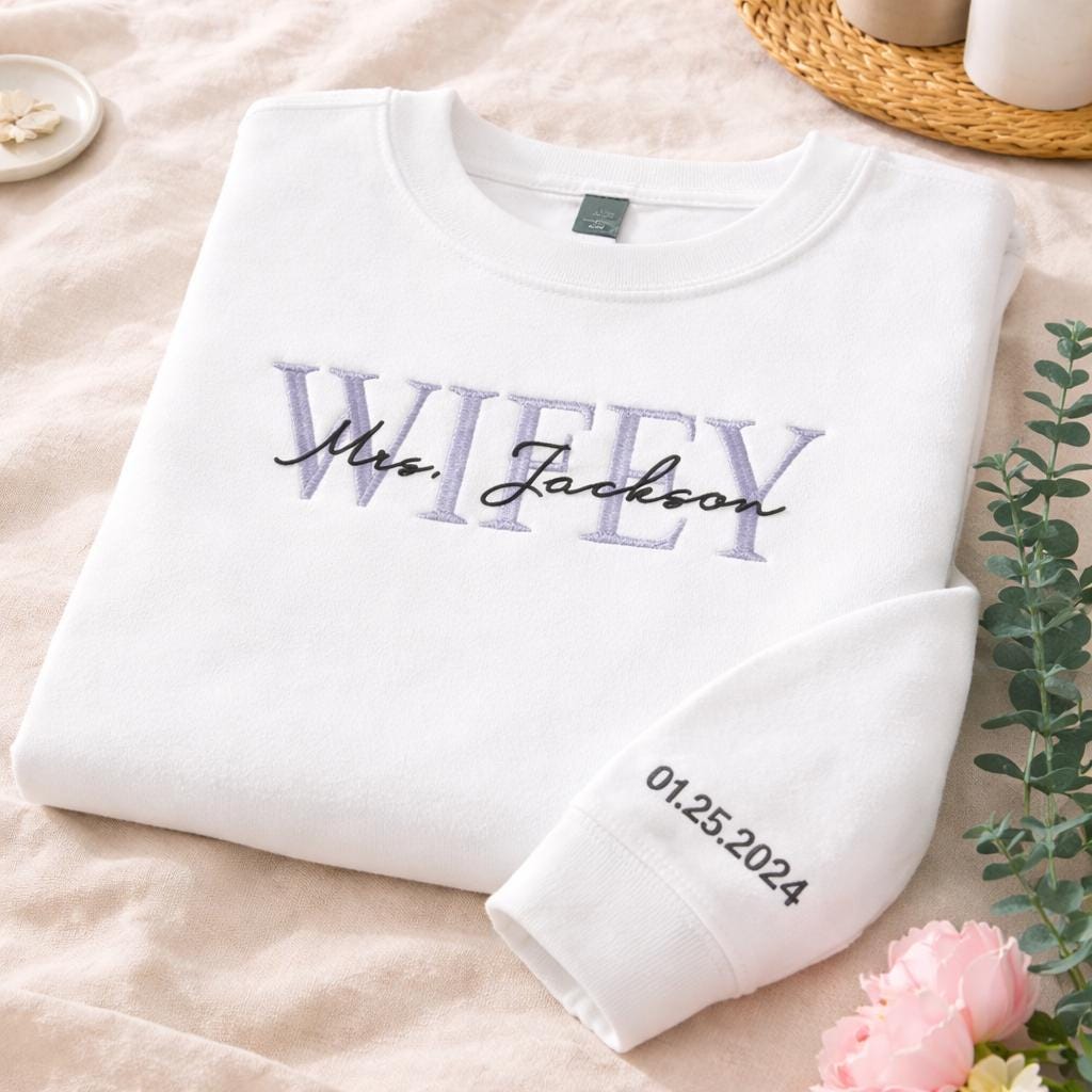 Personalised Embroidered Matching Sweatshirt, Wifey Hubby Wedding Sweatshirt, Anniversary Couple Sweatshirt, Engagement Gift for Bride To Be