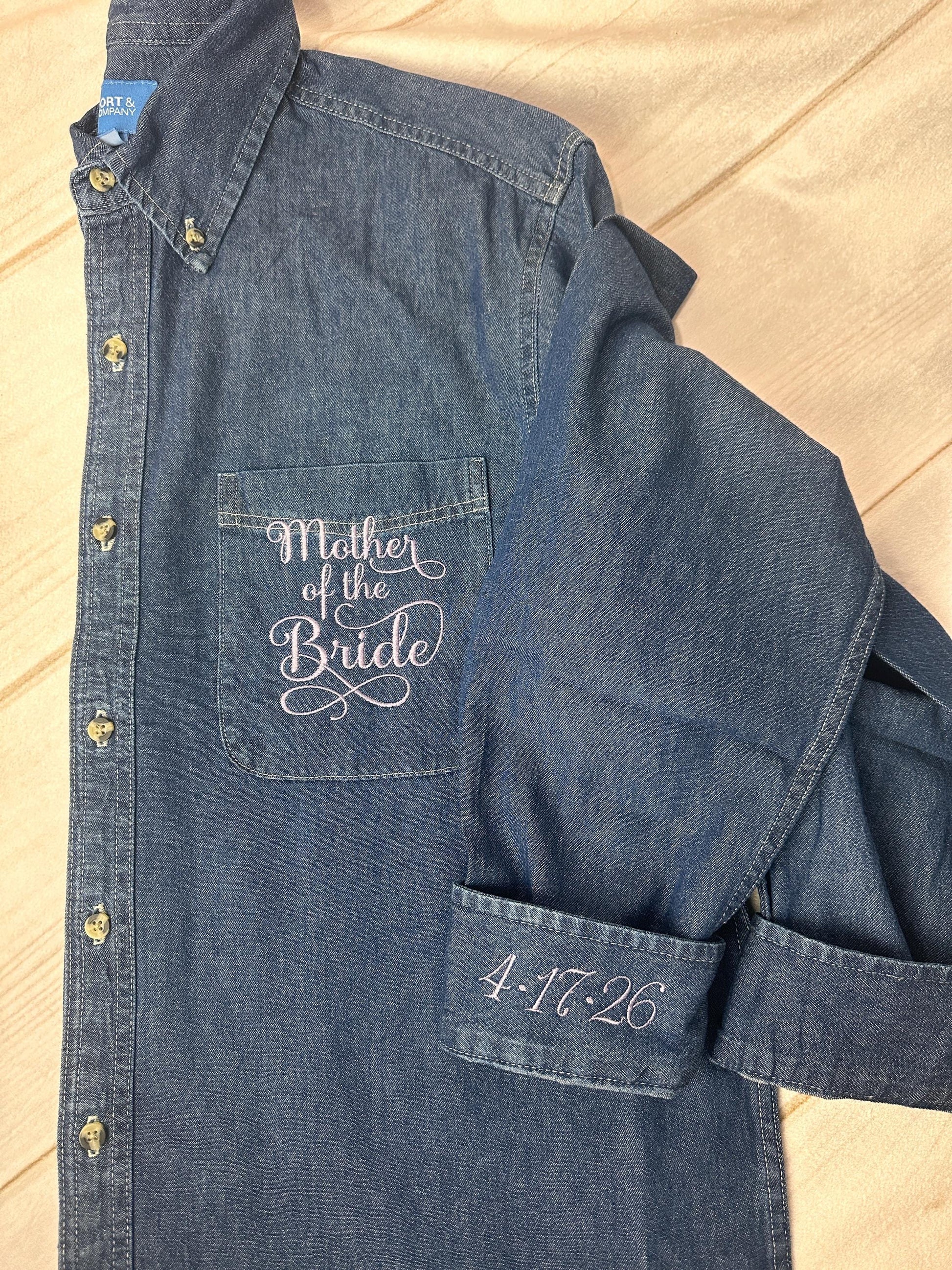 Wedding Party Shirts | Embroidered Pocket + Optional Cuff l Denim Shirts | Mother of the Bride - Bridesmaids | Button Down Shirt