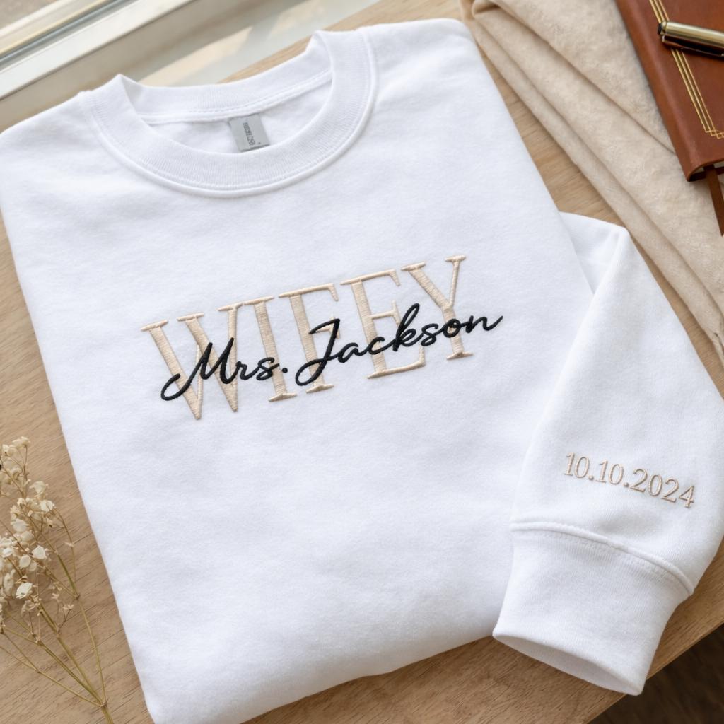 Personalised Embroidered Matching Sweatshirt, Wifey Hubby Wedding Sweatshirt, Anniversary Couple Sweatshirt, Engagement Gift for Bride To Be
