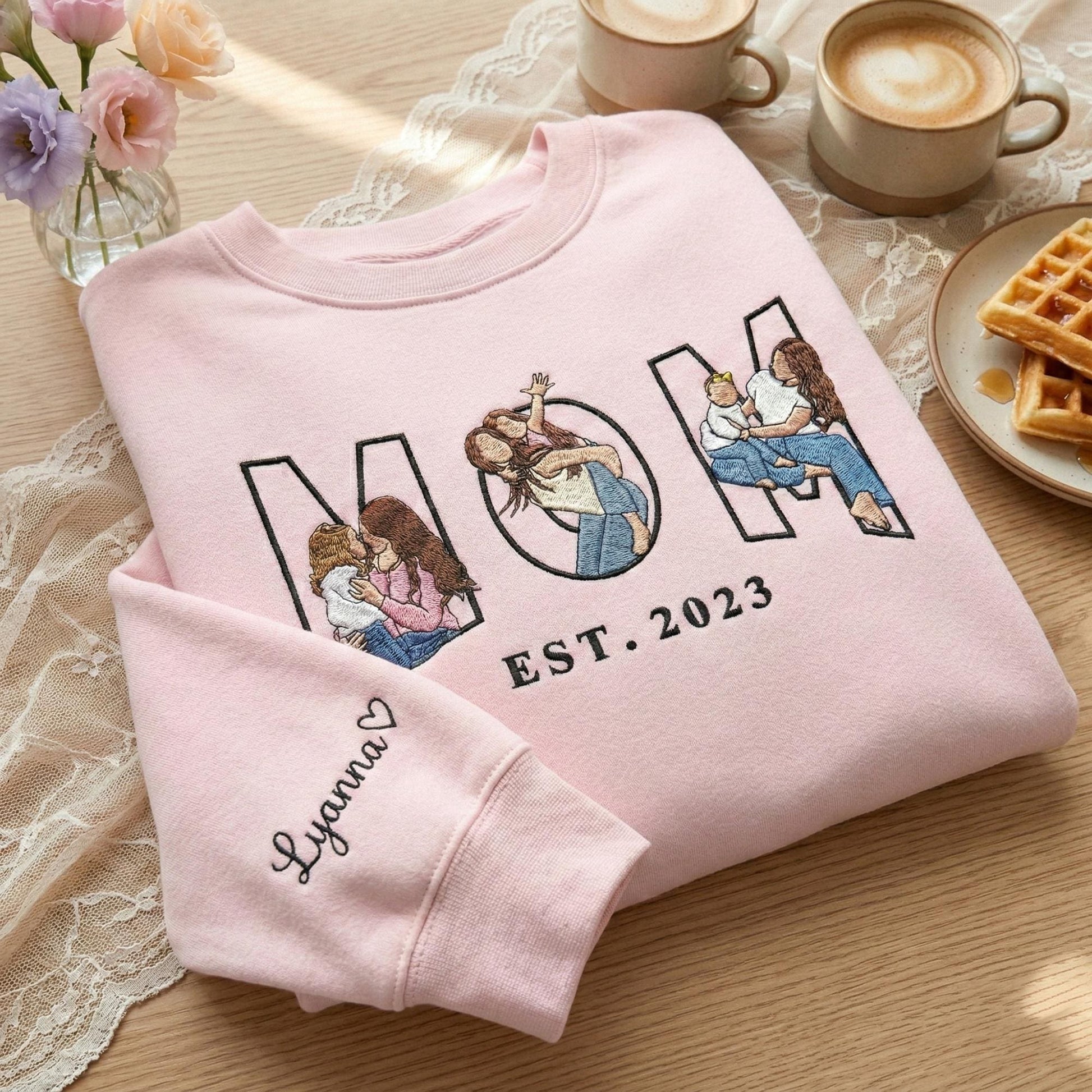 Embroidered Mama Sweatshirt with Photo, Custom Embroidered Mama and Son/Daughter Portrait, Embroidery Shirt For Mom, Mother's Day Gift