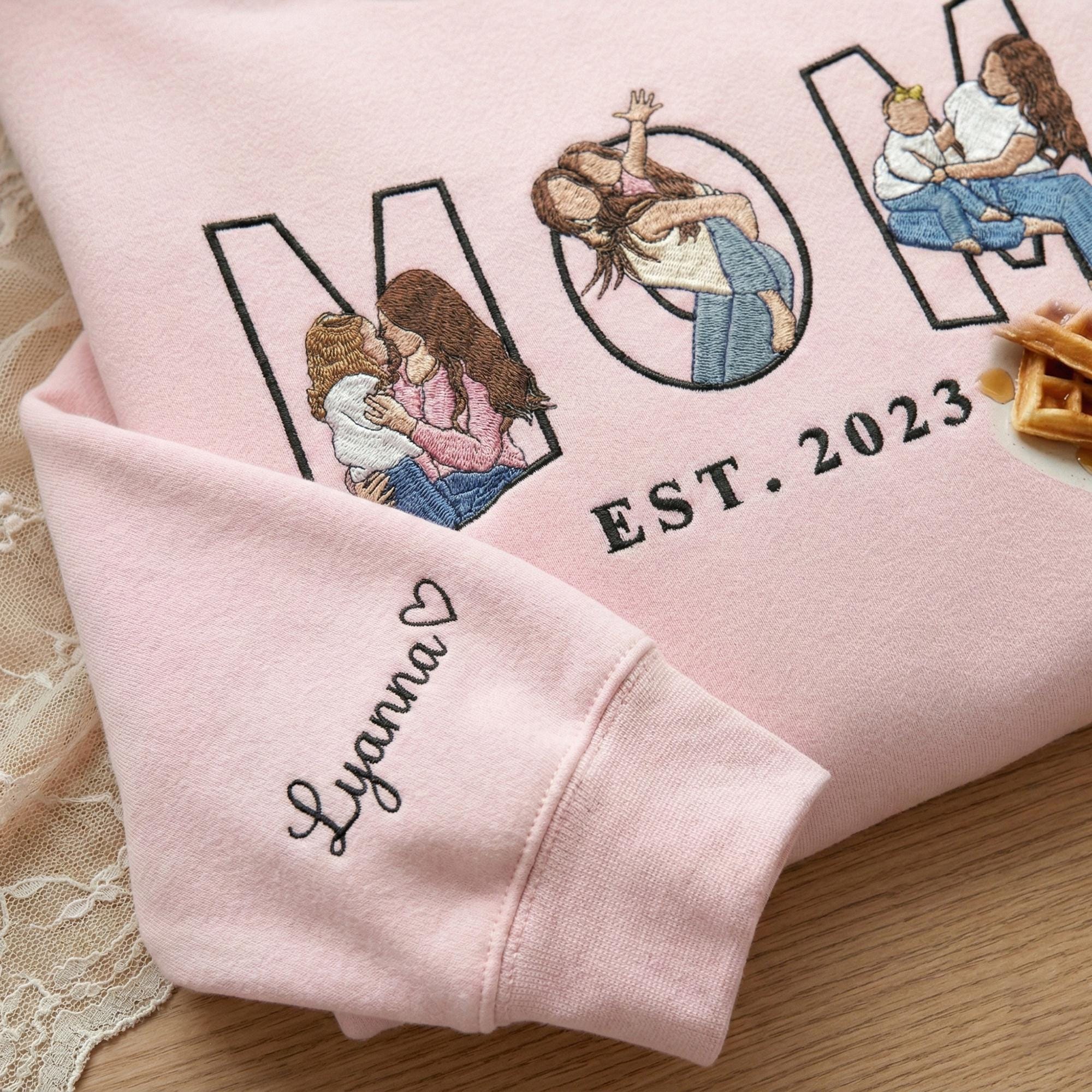 Embroidered Mama Sweatshirt with Photo, Custom Embroidered Mama and Son/Daughter Portrait, Embroidery Shirt For Mom, Mother's Day Gift
