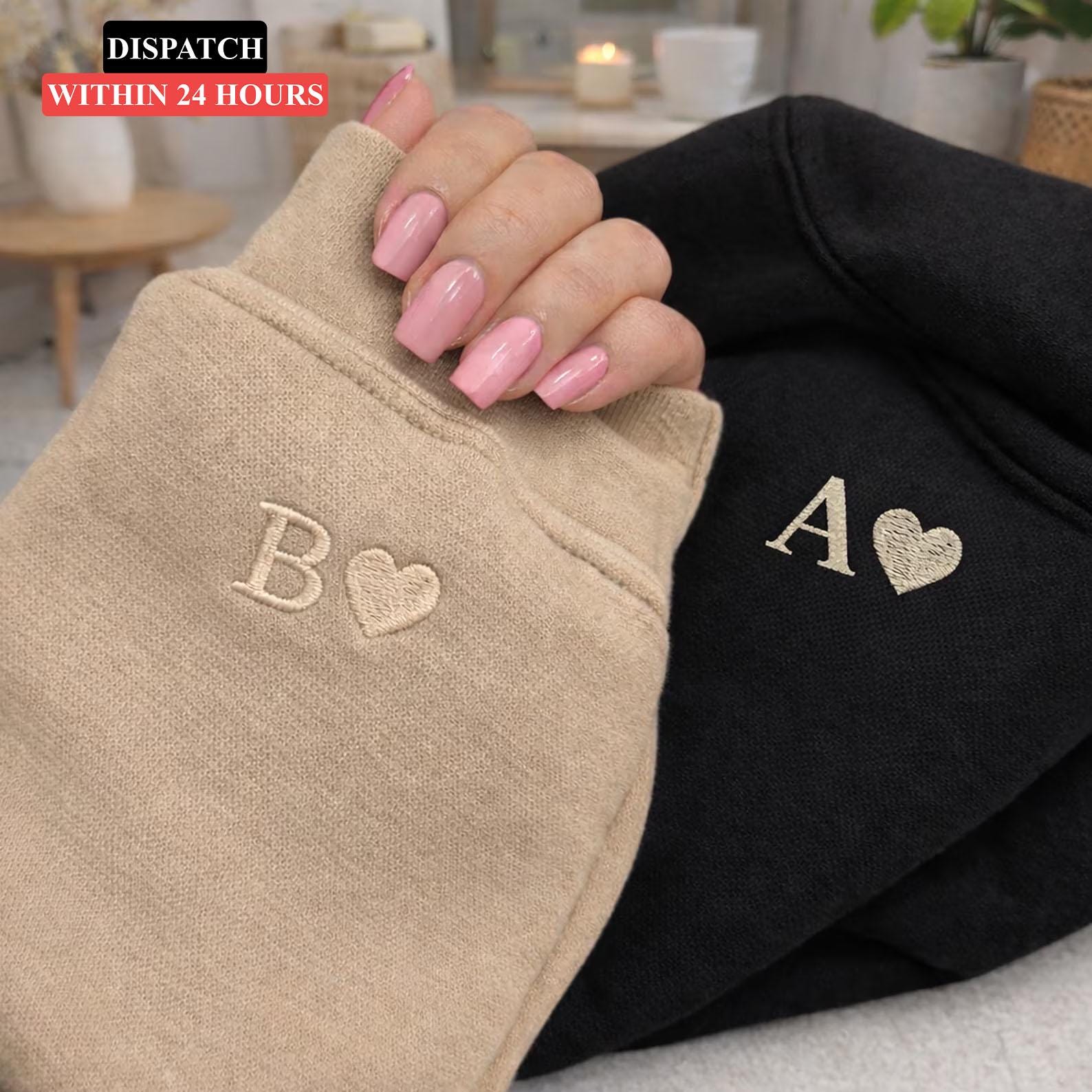Roman Numeral Embroidered Matching Hoodie, Personalised Couple Anniversary Date Hoodie, Custom Initials With Heart on Sleeve, Boyfriend Gift