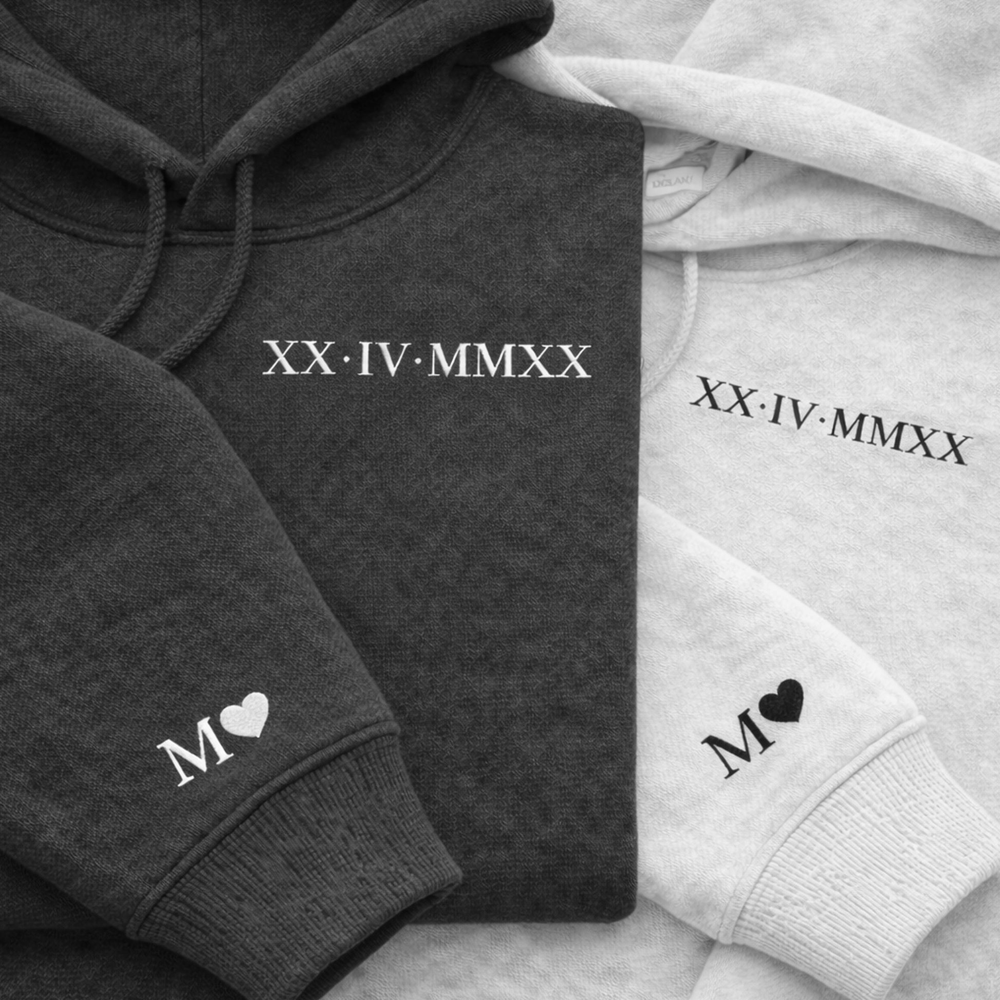 Roman Numeral Embroidered Matching Hoodie, Personalised Couple Anniversary Date Hoodie, Custom Initials With Heart on Sleeve, Boyfriend Gift