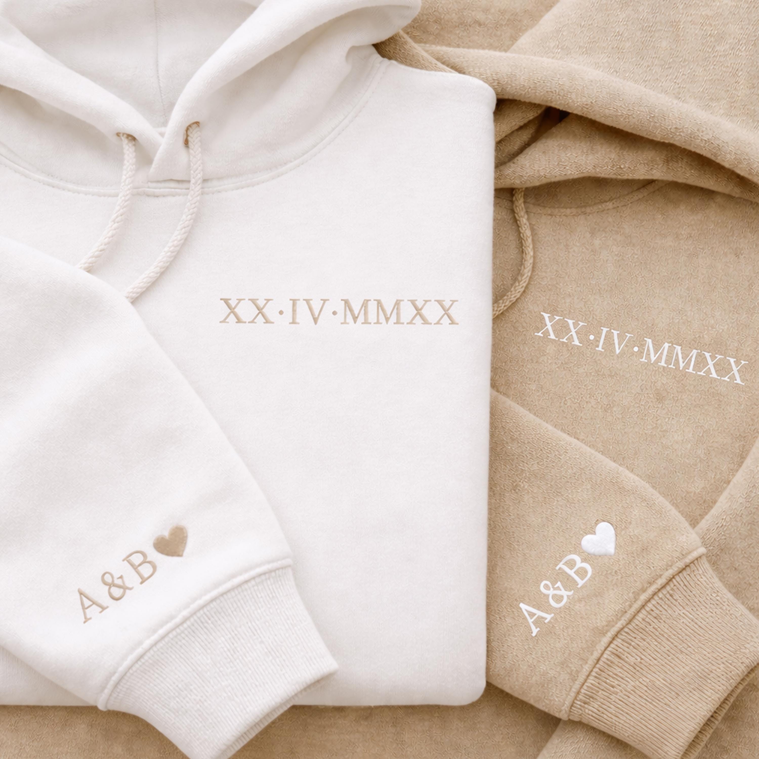 Roman Numeral Embroidered Matching Hoodie, Personalised Couple Anniversary Date Hoodie, Custom Initials With Heart on Sleeve, Boyfriend Gift