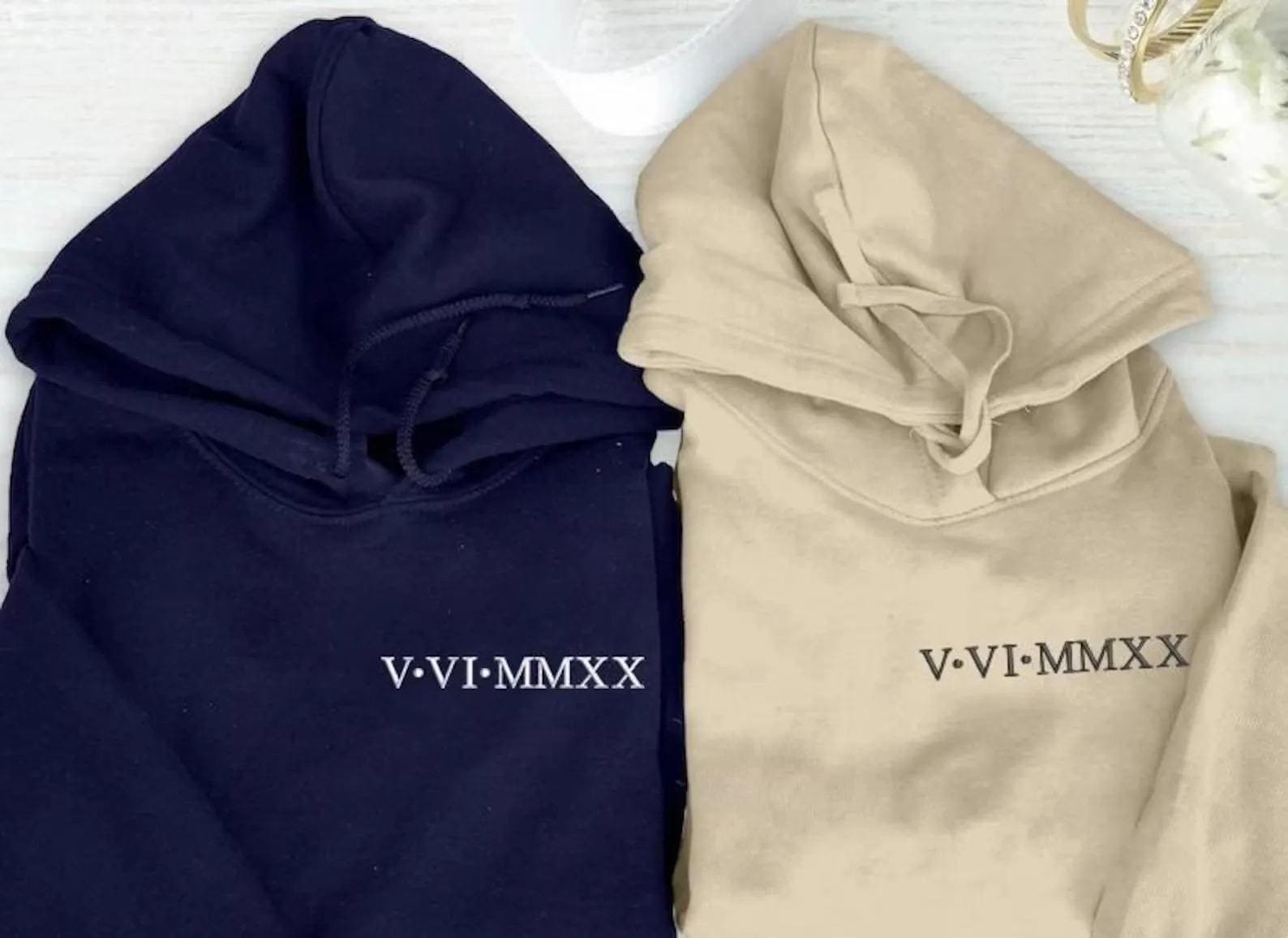 Roman Numeral Embroidered Matching Hoodie, Personalised Couple Anniversary Date Hoodie, Custom Initials With Heart on Sleeve, Boyfriend Gift