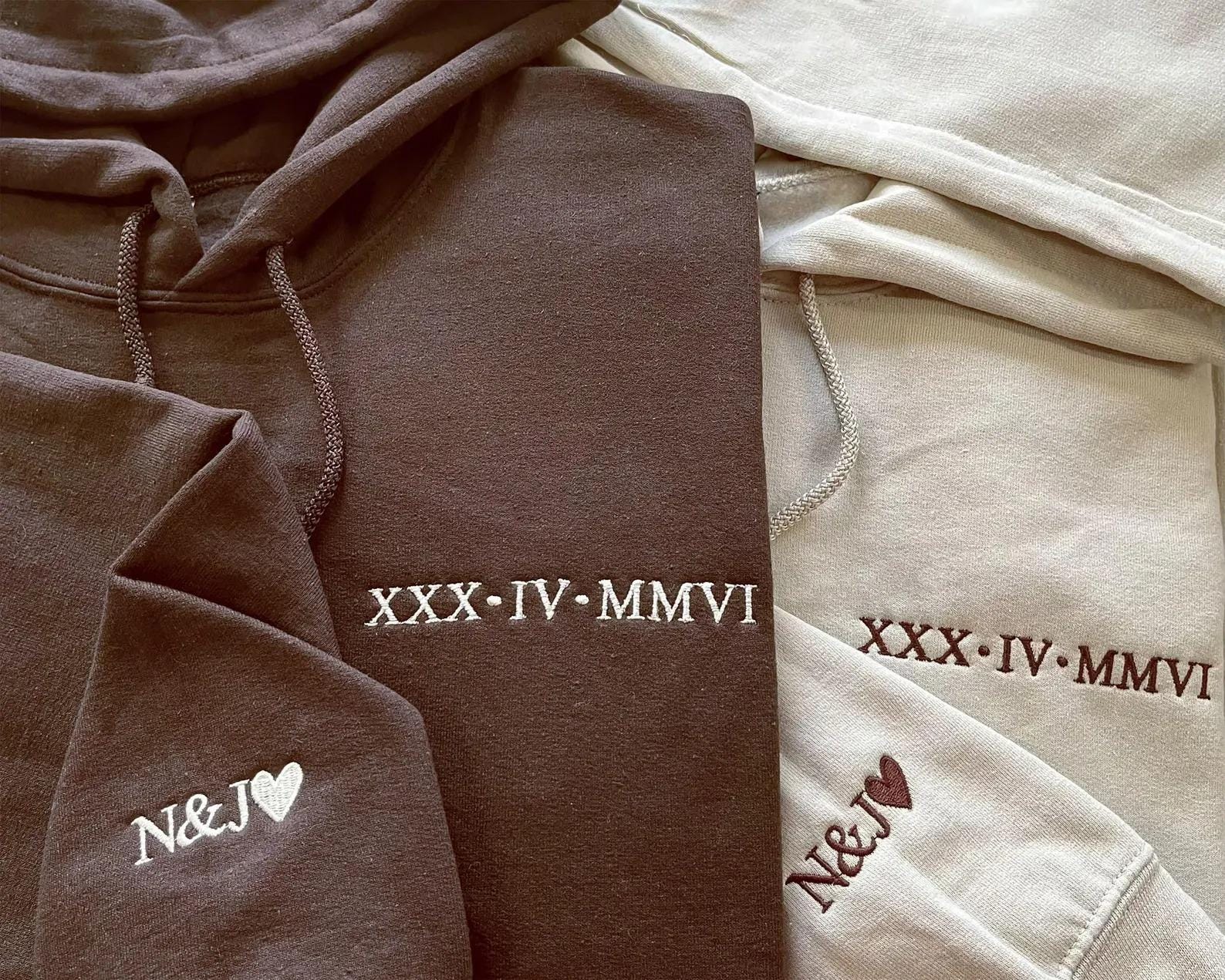 Roman Numeral Embroidered Matching Hoodie, Personalised Couple Anniversary Date Hoodie, Custom Initials With Heart on Sleeve, Boyfriend Gift