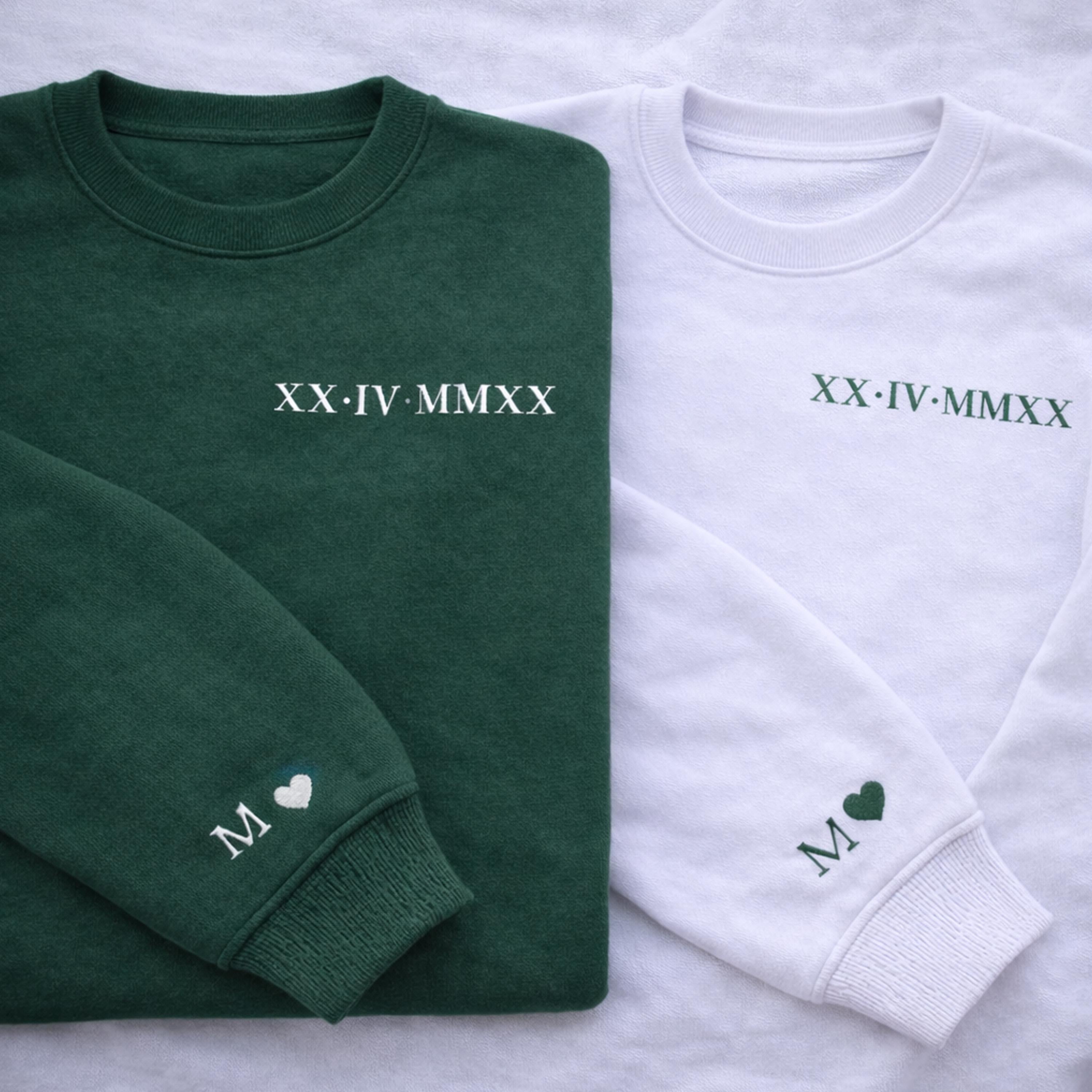 Roman Numeral Embroidered Matching Hoodie, Personalised Couple Anniversary Date Hoodie, Custom Initials With Heart on Sleeve, Boyfriend Gift