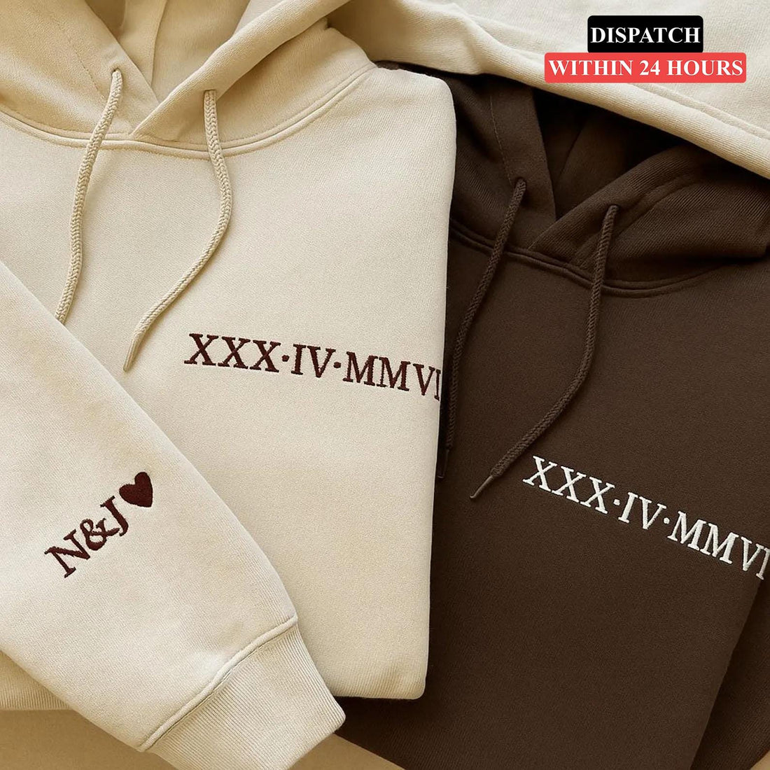 Roman Numeral Embroidered Matching Hoodie, Personalised Couple Anniversary Date Hoodie, Custom Initials With Heart on Sleeve, Boyfriend Gift